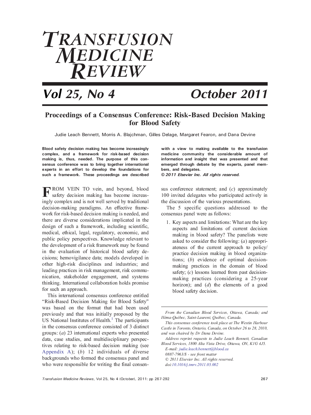 Proceedings of a Consensus Conference: Risk-Based Decision Making for Blood Safety 