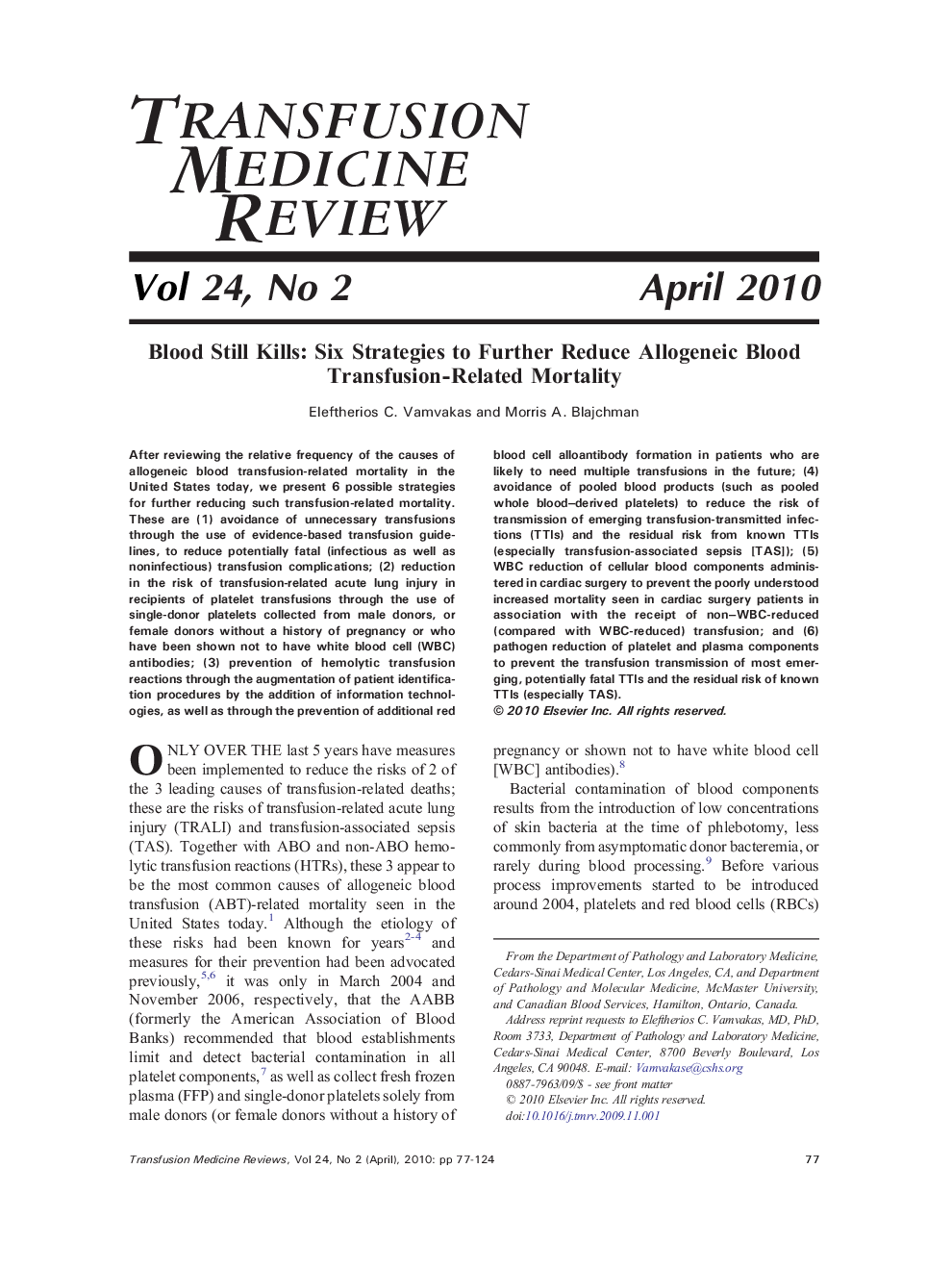 Blood Still Kills: Six Strategies to Further Reduce Allogeneic Blood Transfusion-Related Mortality