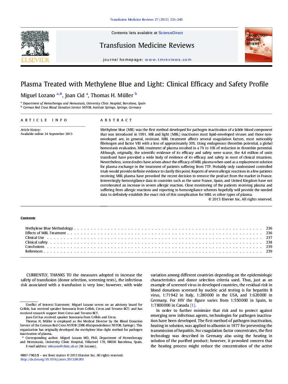 Plasma Treated with Methylene Blue and Light: Clinical Efficacy and Safety Profile 