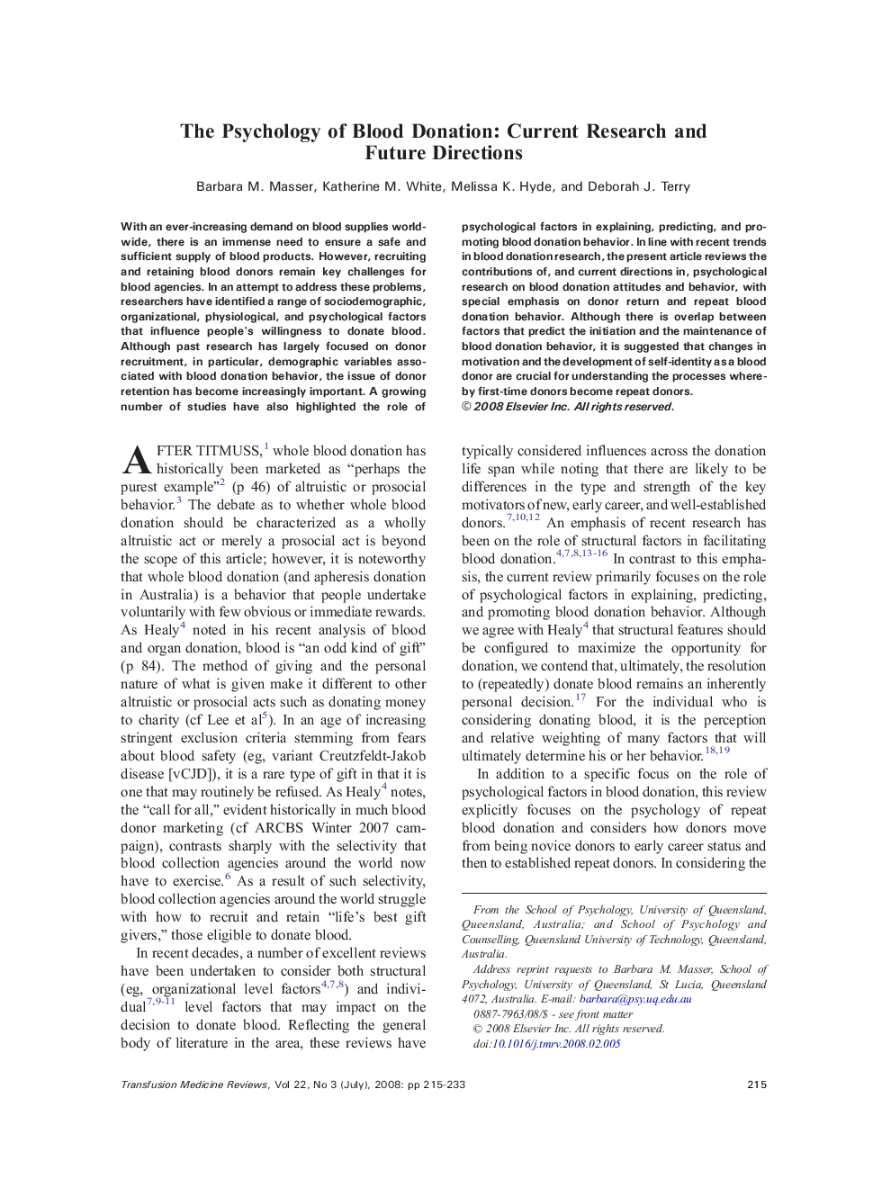 The Psychology of Blood Donation: Current Research and Future Directions