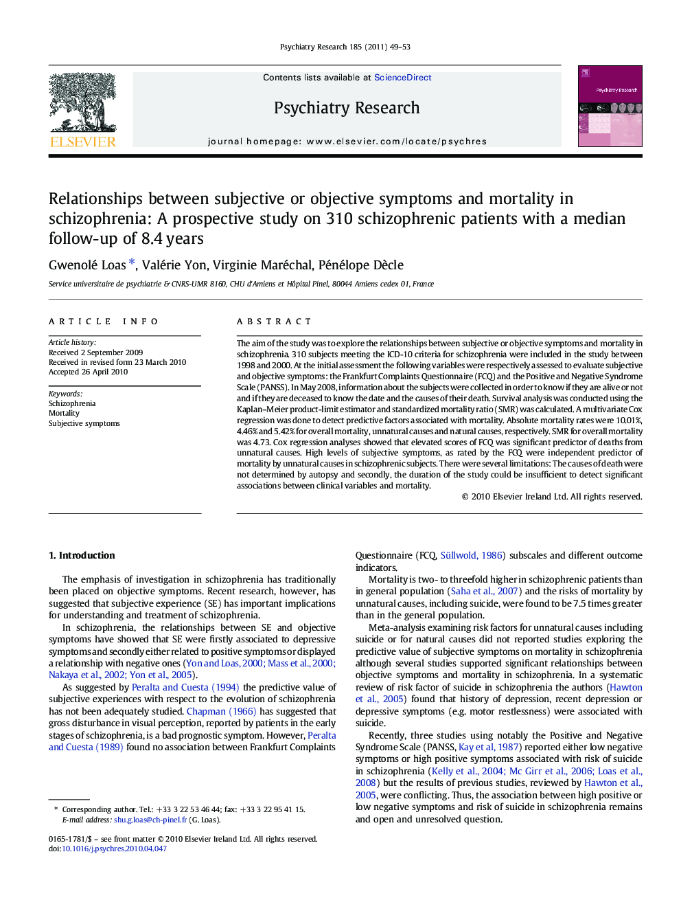 Relationships between subjective or objective symptoms and mortality in schizophrenia: A prospective study on 310 schizophrenic patients with a median follow-up of 8.4 years