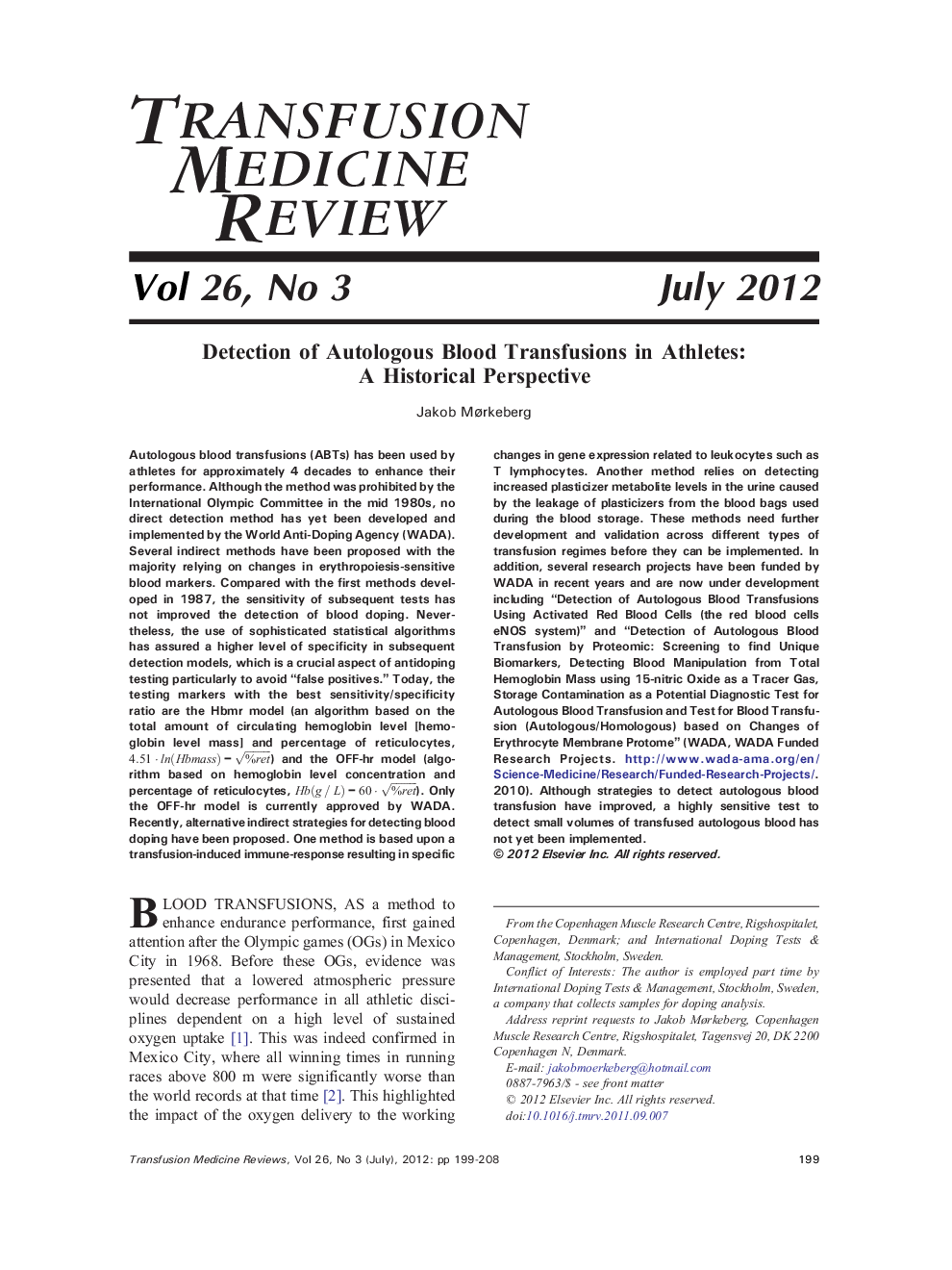 Detection of Autologous Blood Transfusions in Athletes: A Historical Perspective 