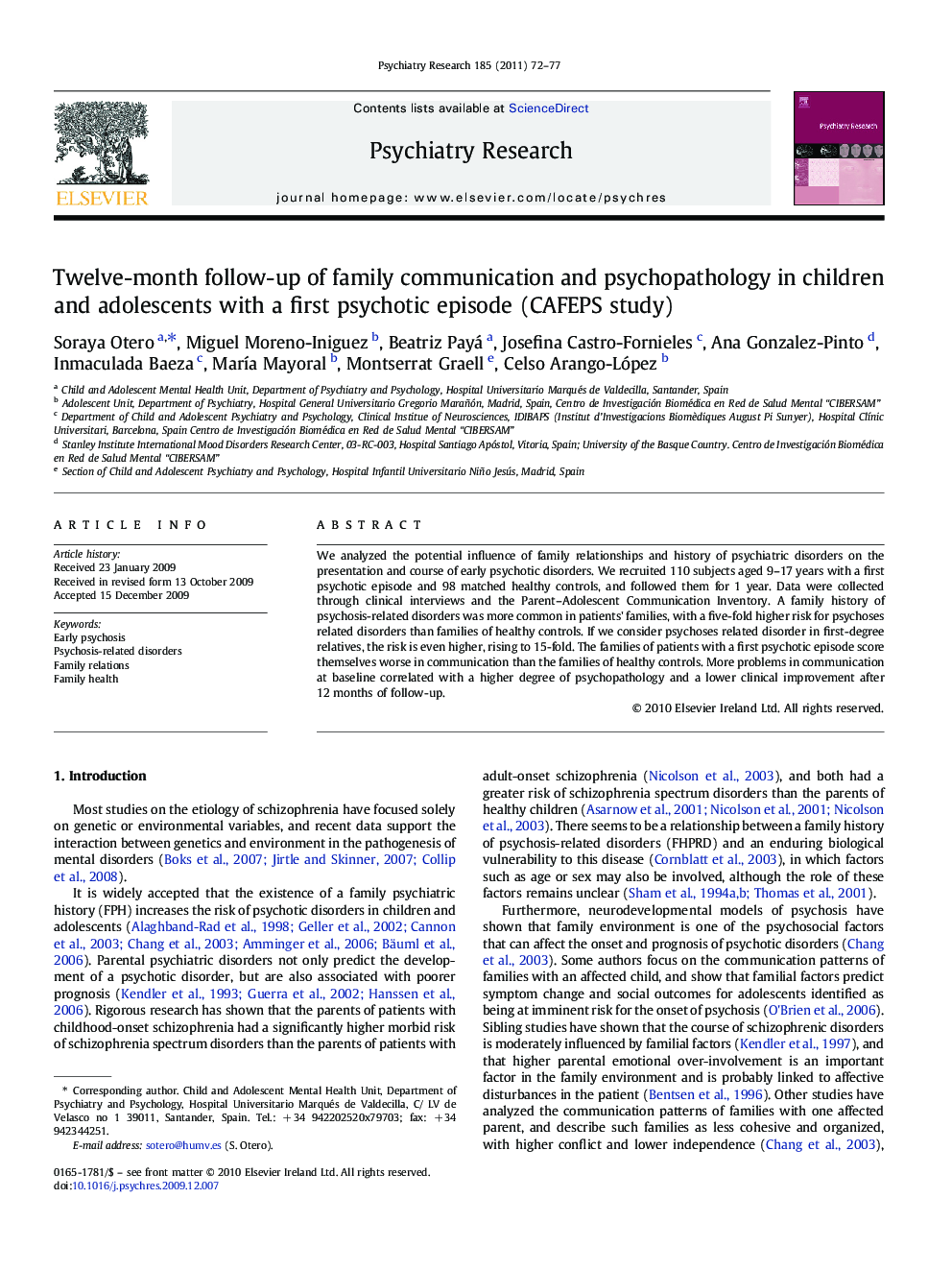 Twelve-month follow-up of family communication and psychopathology in children and adolescents with a first psychotic episode (CAFEPS study)