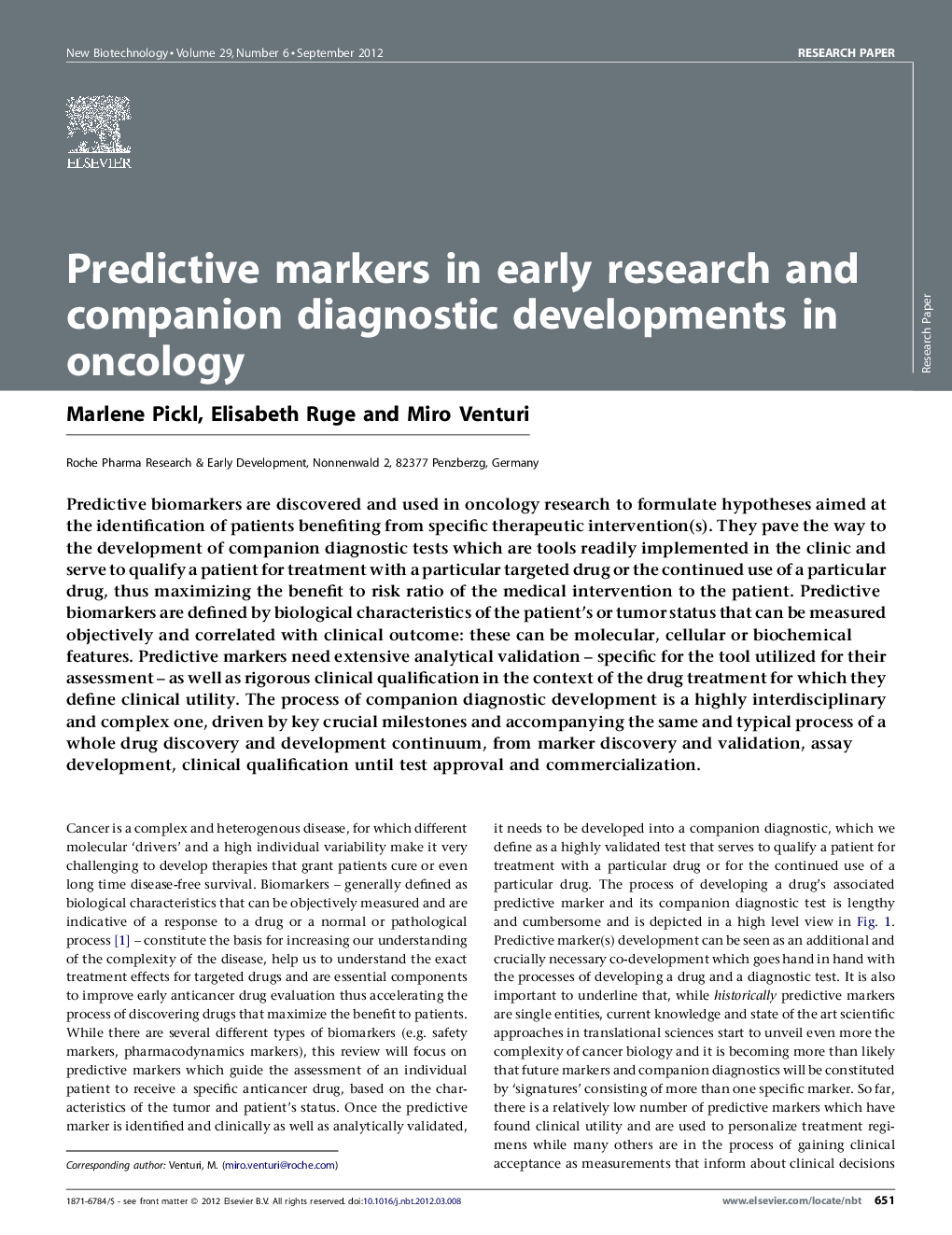 Predictive markers in early research and companion diagnostic developments in oncology