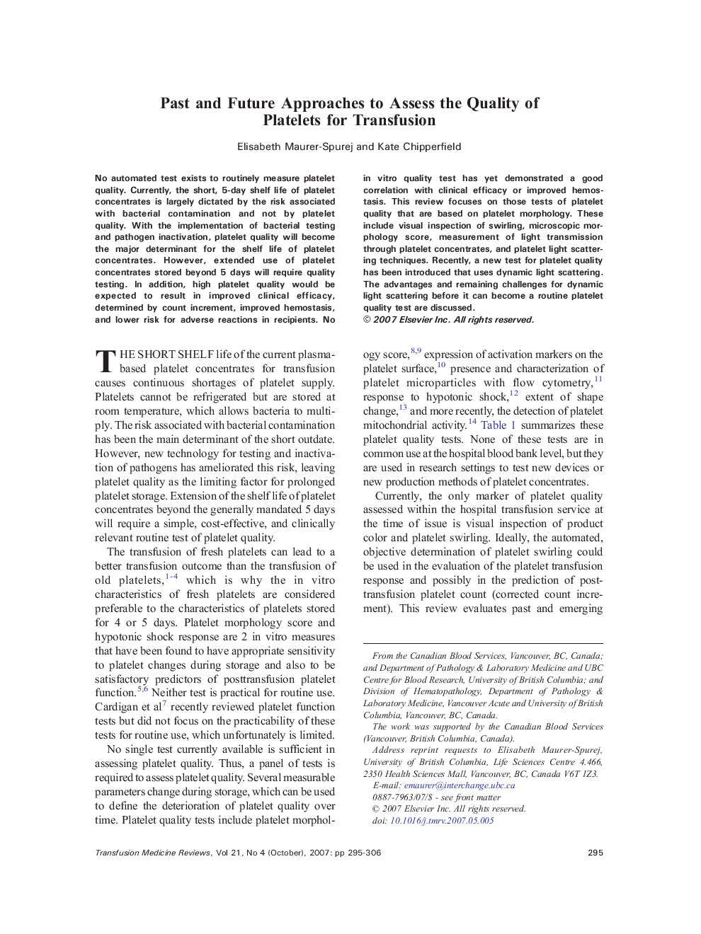 Past and Future Approaches to Assess the Quality of Platelets for Transfusion 