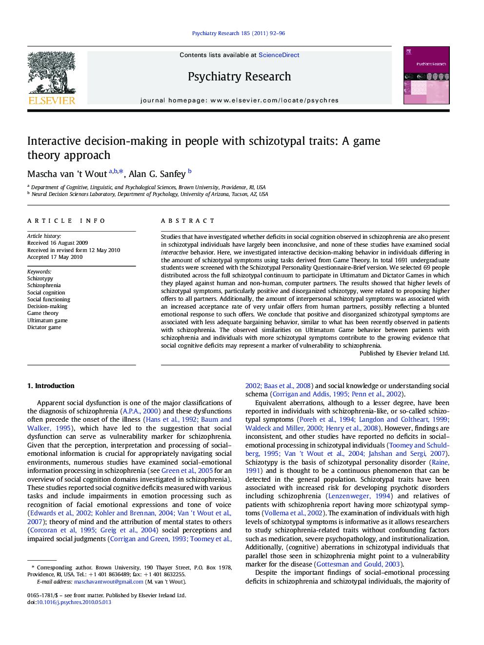 Interactive decision-making in people with schizotypal traits: A game theory approach