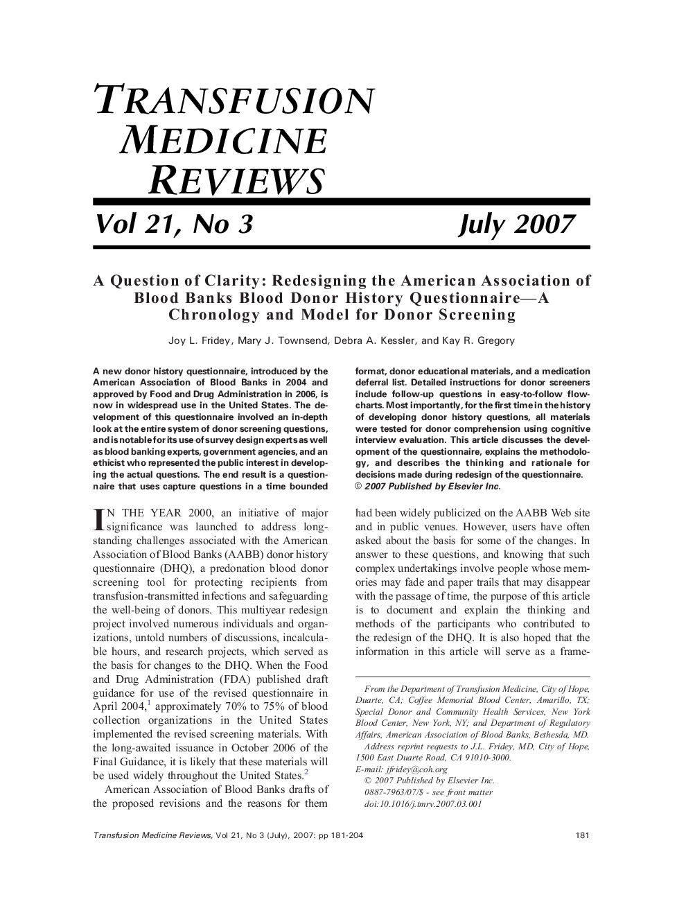 A Question of Clarity: Redesigning the American Association of Blood Banks Blood Donor History Questionnaire—A Chronology and Model for Donor Screening