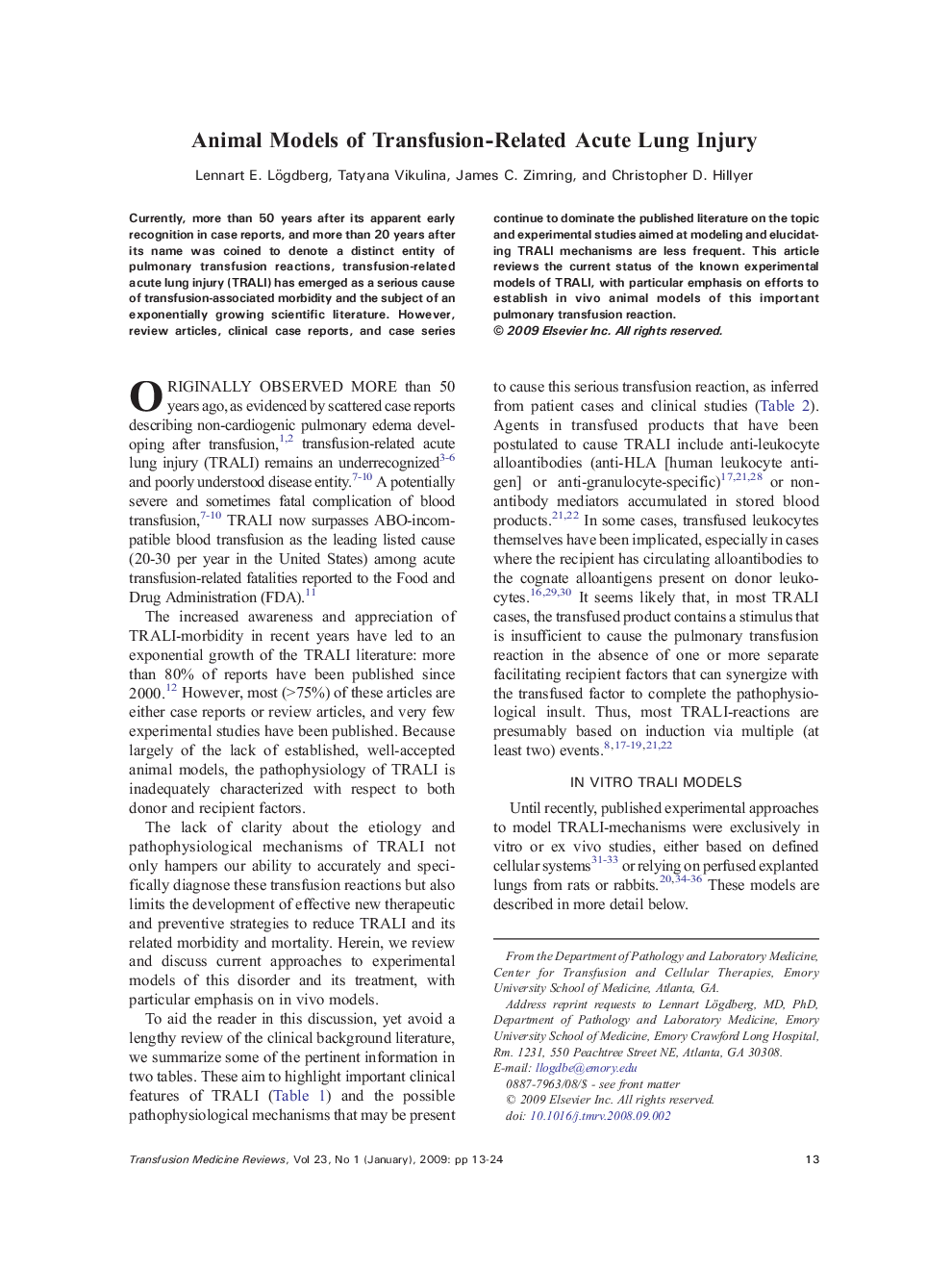 Animal Models of Transfusion-Related Acute Lung Injury