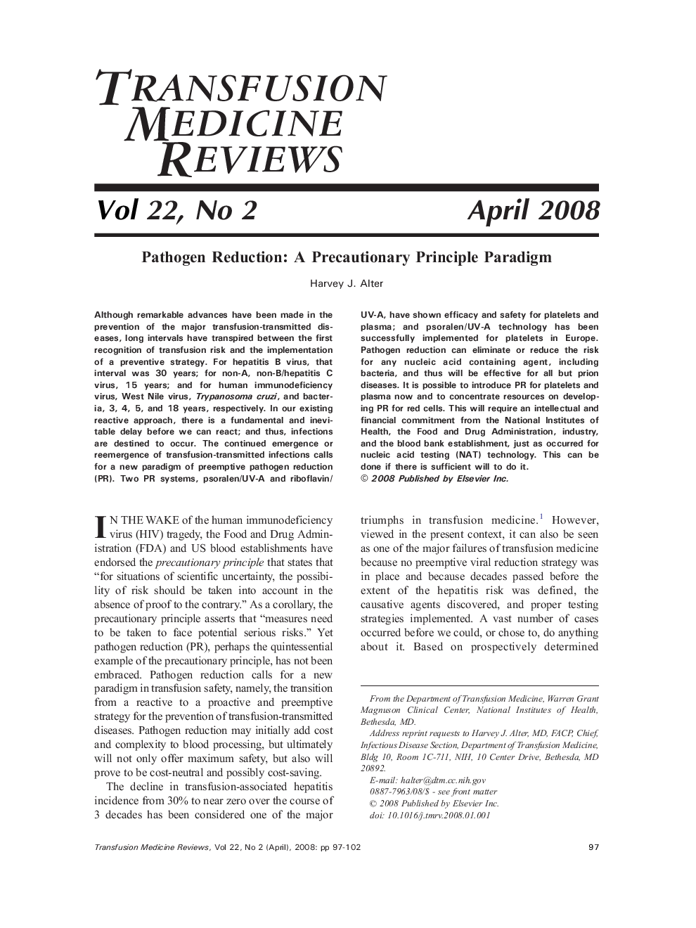 Pathogen Reduction: A Precautionary Principle Paradigm