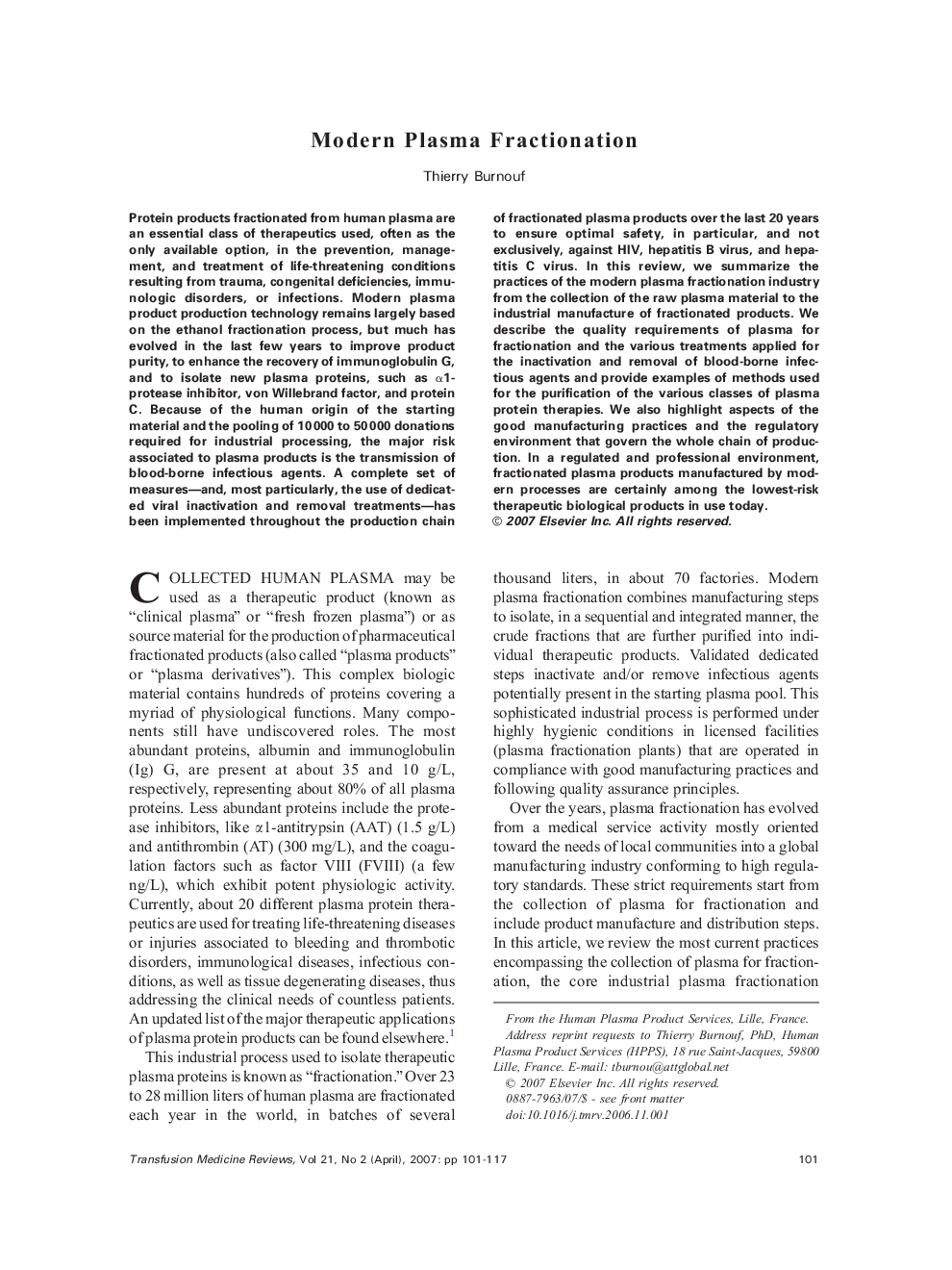 Modern Plasma Fractionation