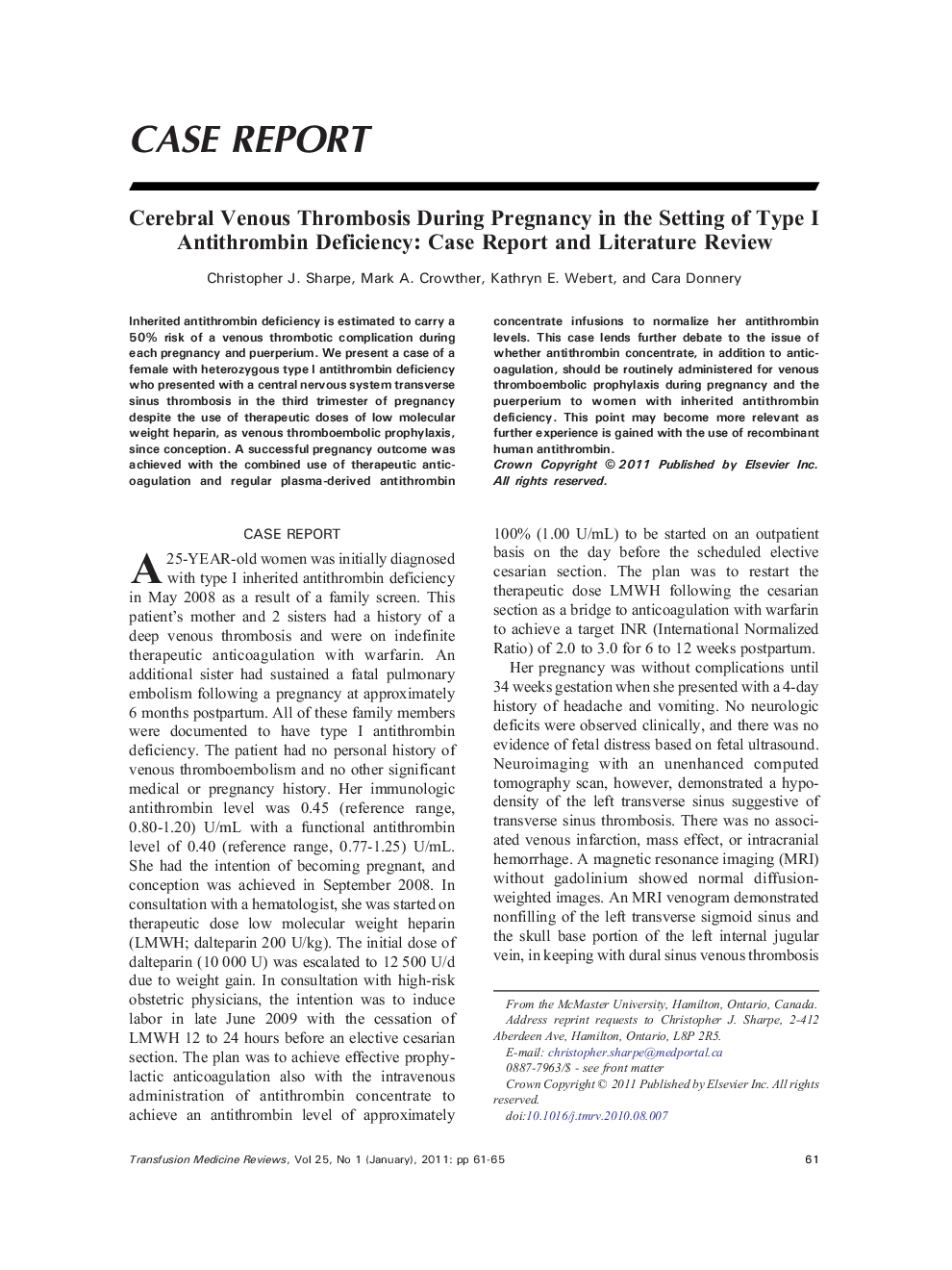 Cerebral Venous Thrombosis During Pregnancy in the Setting of Type I Antithrombin Deficiency: Case Report and Literature Review