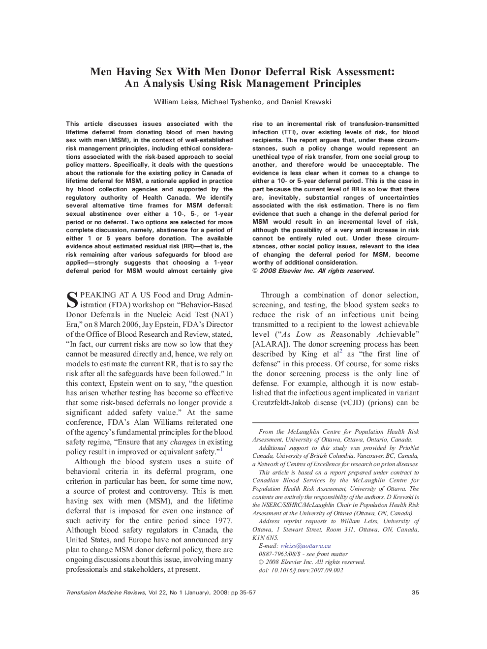 Men Having Sex With Men Donor Deferral Risk Assessment: An Analysis Using Risk Management Principles 