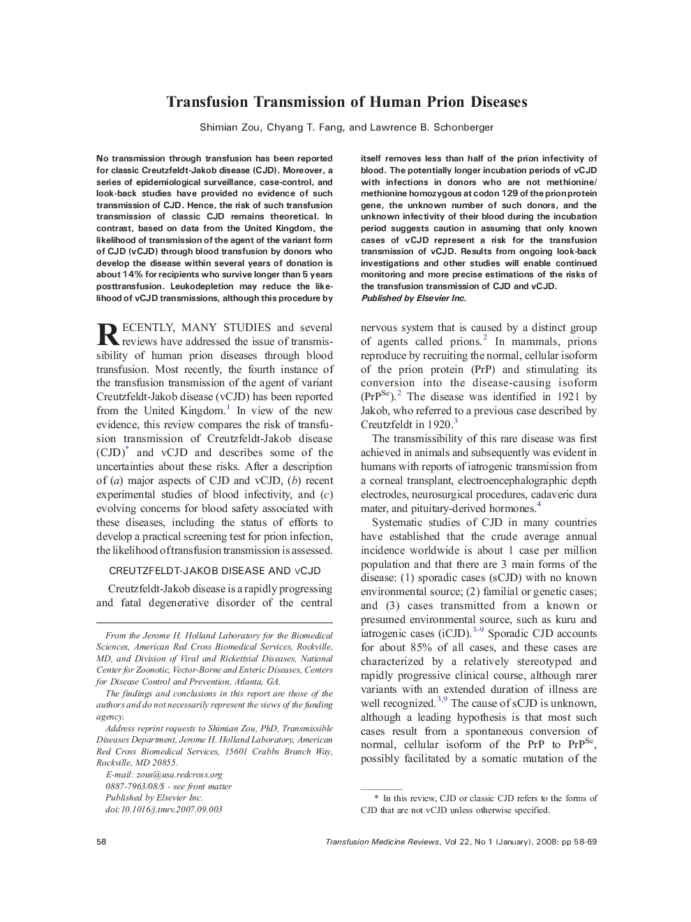 Transfusion Transmission of Human Prion Diseases 