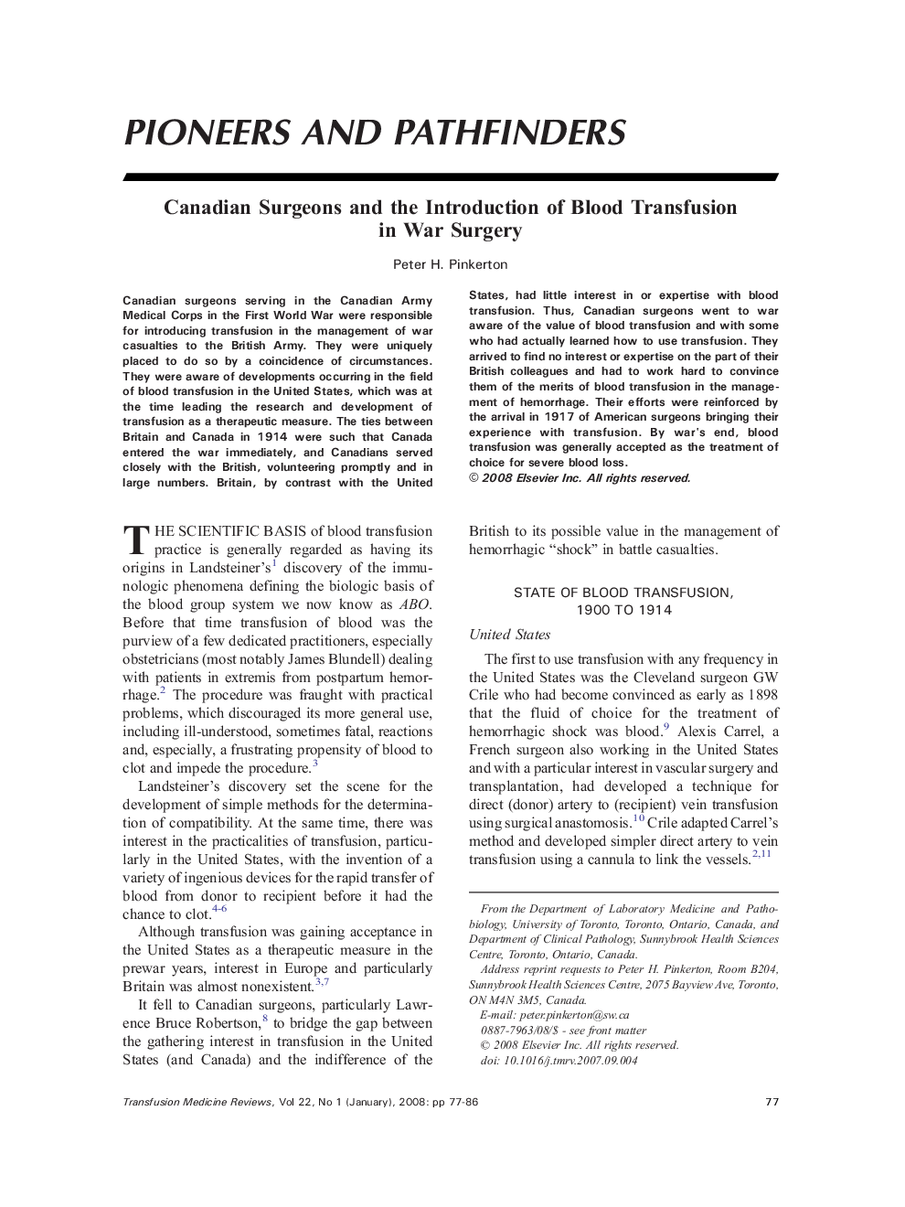 Canadian Surgeons and the Introduction of Blood Transfusion in War Surgery