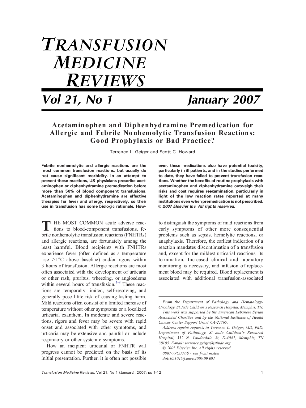 Acetaminophen and Diphenhydramine Premedication for Allergic and Febrile Nonhemolytic Transfusion Reactions: Good Prophylaxis or Bad Practice? 