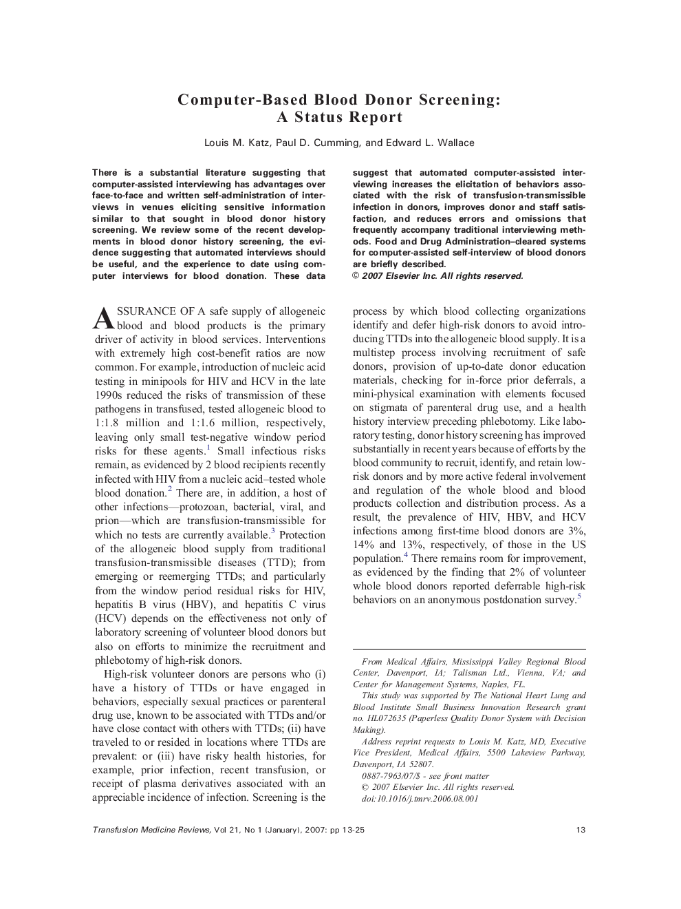 Computer-Based Blood Donor Screening: A Status Report 