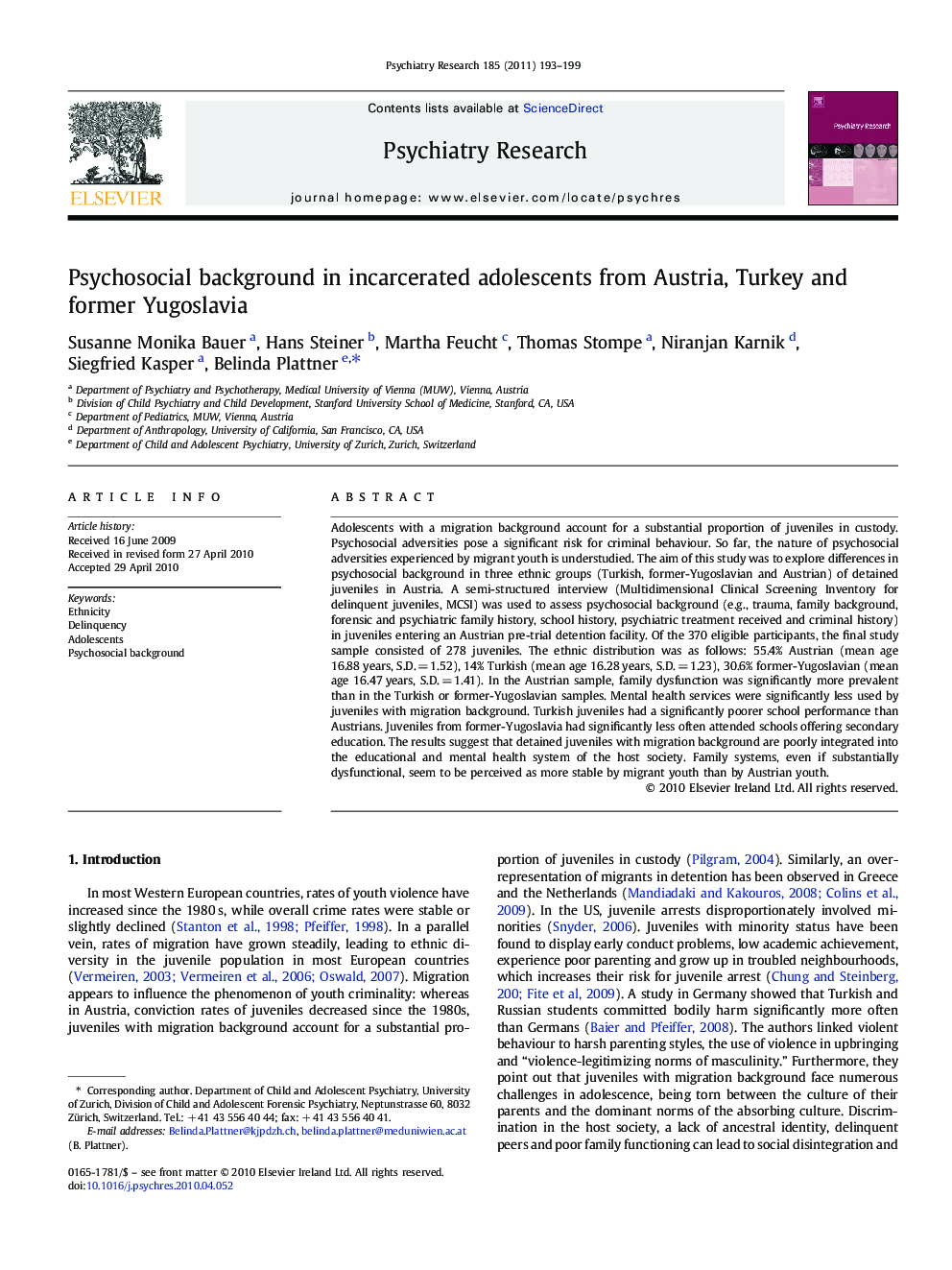 Psychosocial background in incarcerated adolescents from Austria, Turkey and former Yugoslavia