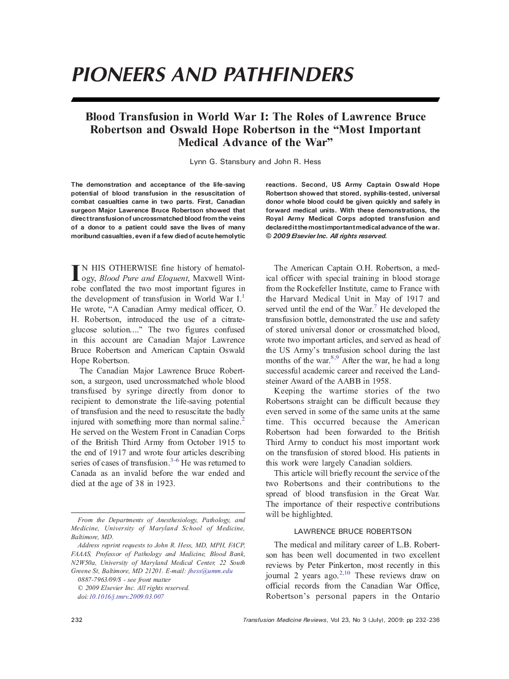 Blood Transfusion in World War I: The Roles of Lawrence Bruce Robertson and Oswald Hope Robertson in the “Most Important Medical Advance of the War”