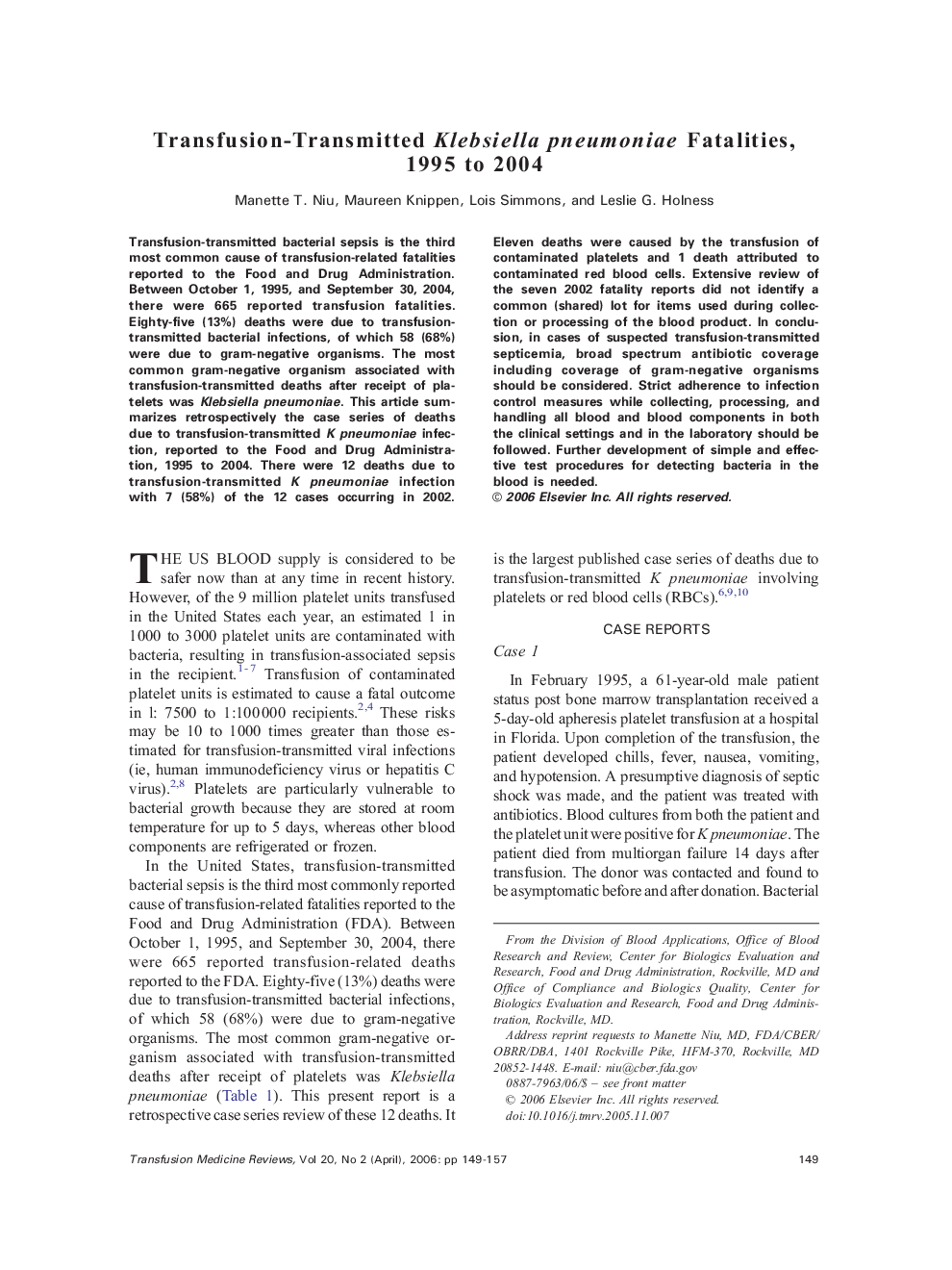 Transfusion-Transmitted Klebsiella pneumoniae Fatalities, 1995 to 2004