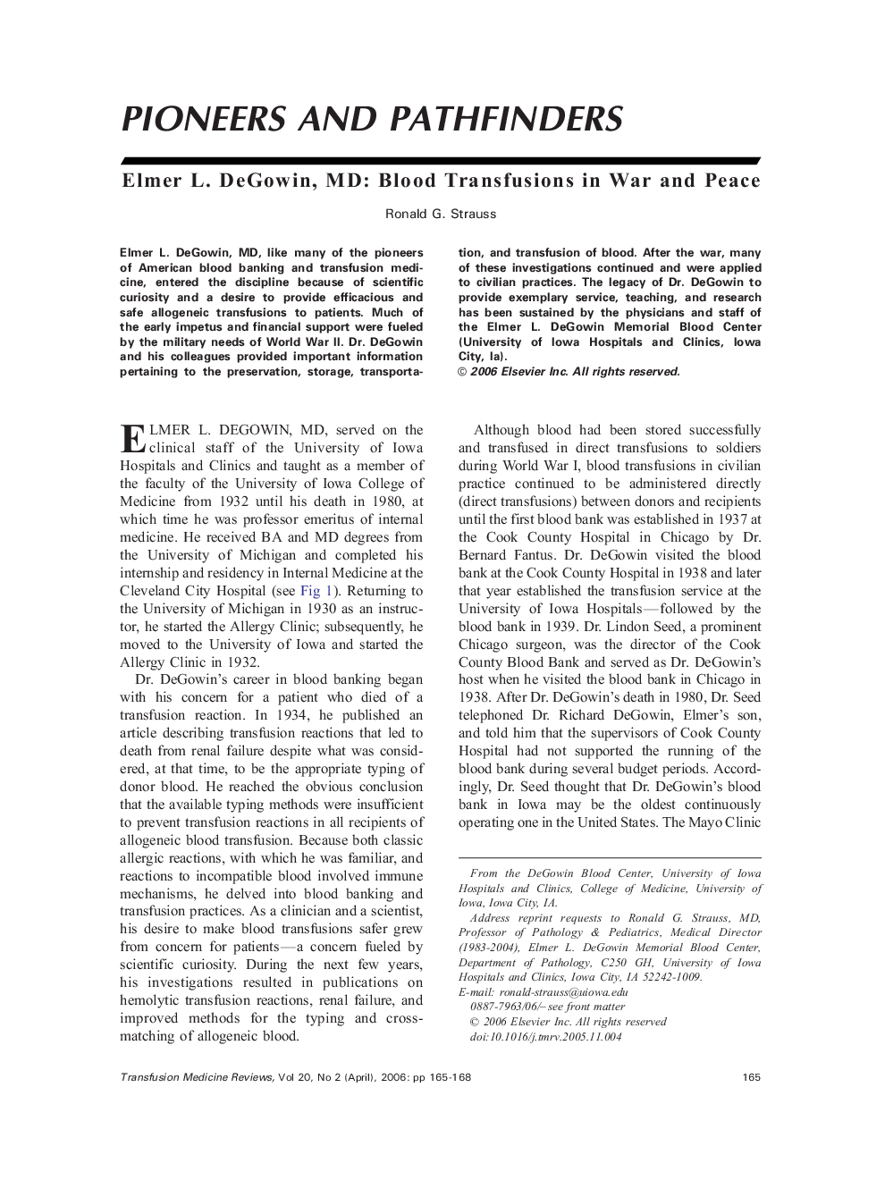 Elmer L. DeGowin, MD: Blood Transfusions in War and Peace