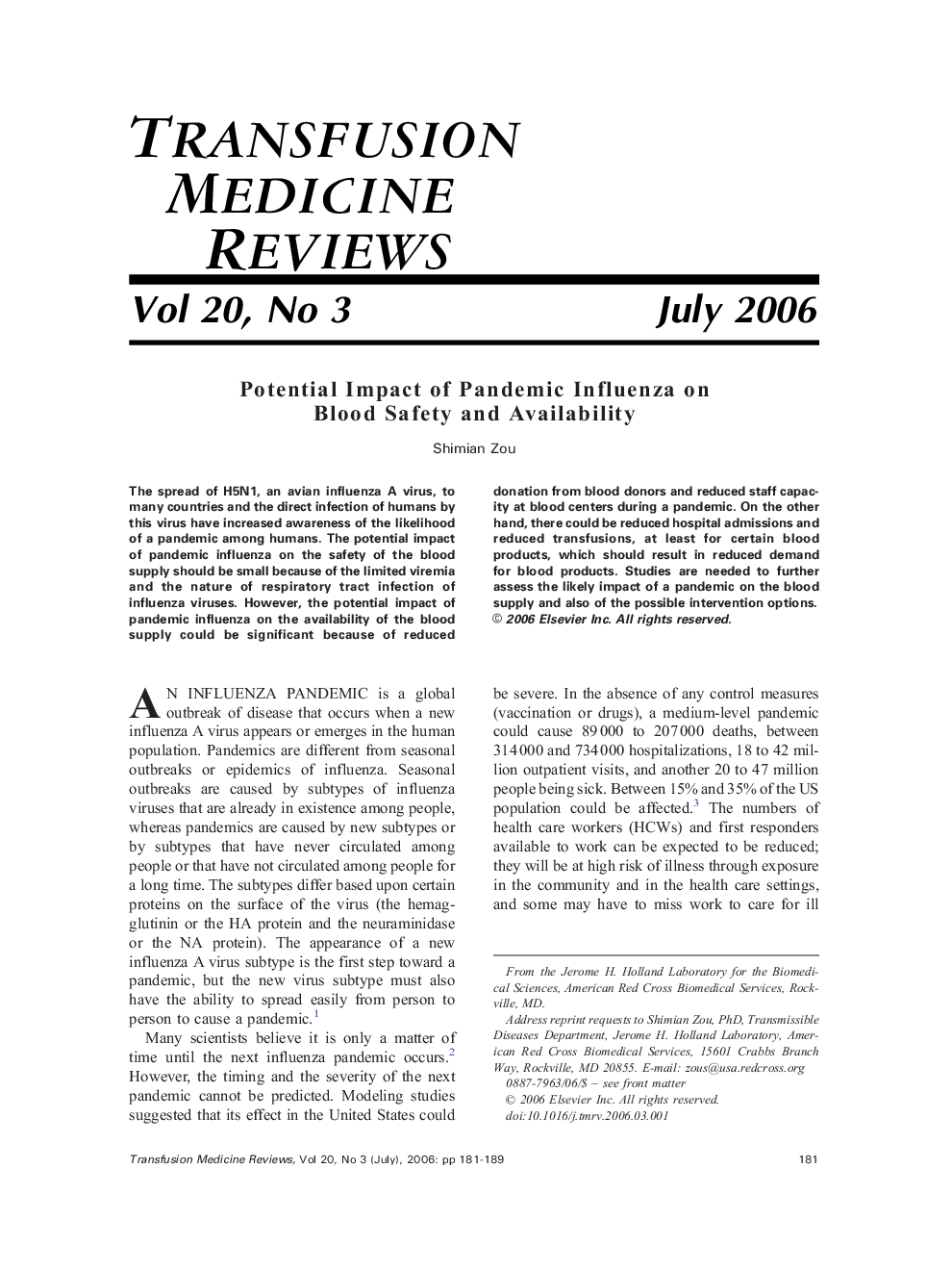 Potential Impact of Pandemic Influenza on Blood Safety and Availability