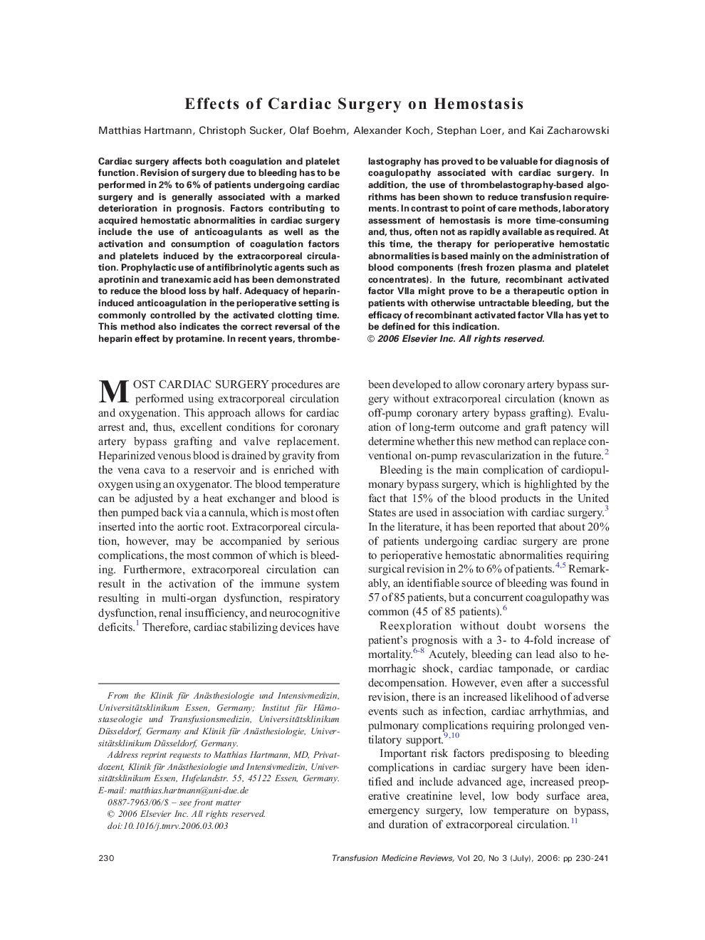 Effects of Cardiac Surgery on Hemostasis