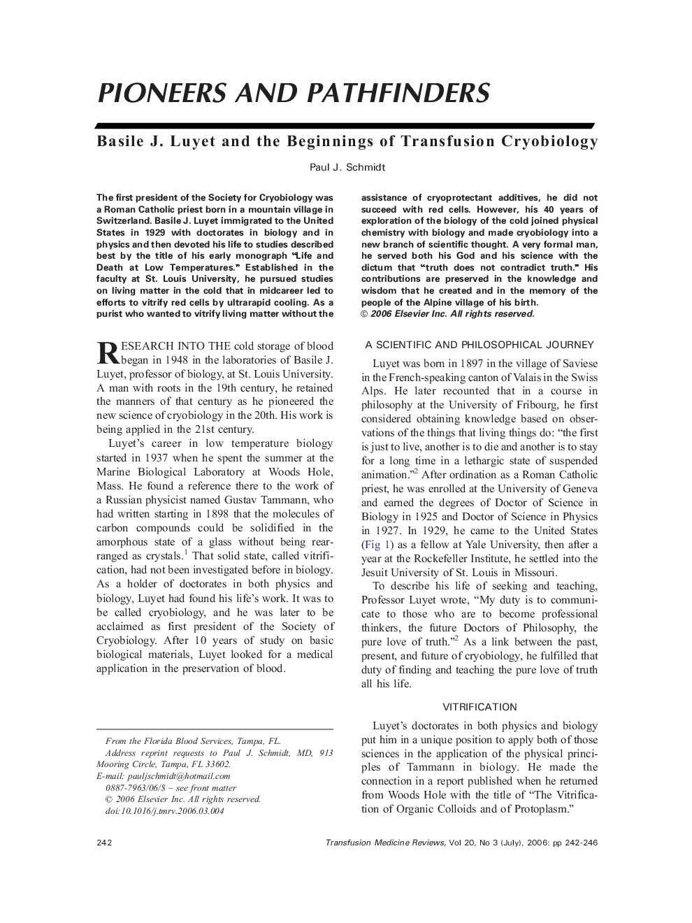 Basile J. Luyet and the Beginnings of Transfusion Cryobiology