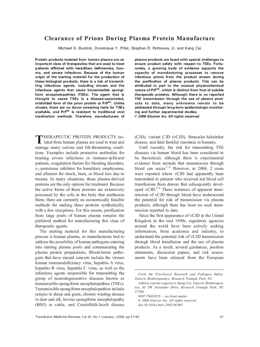 Clearance of Prions During Plasma Protein Manufacture