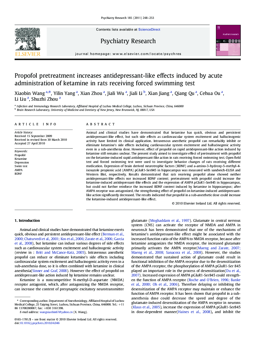 Propofol pretreatment increases antidepressant-like effects induced by acute administration of ketamine in rats receiving forced swimming test