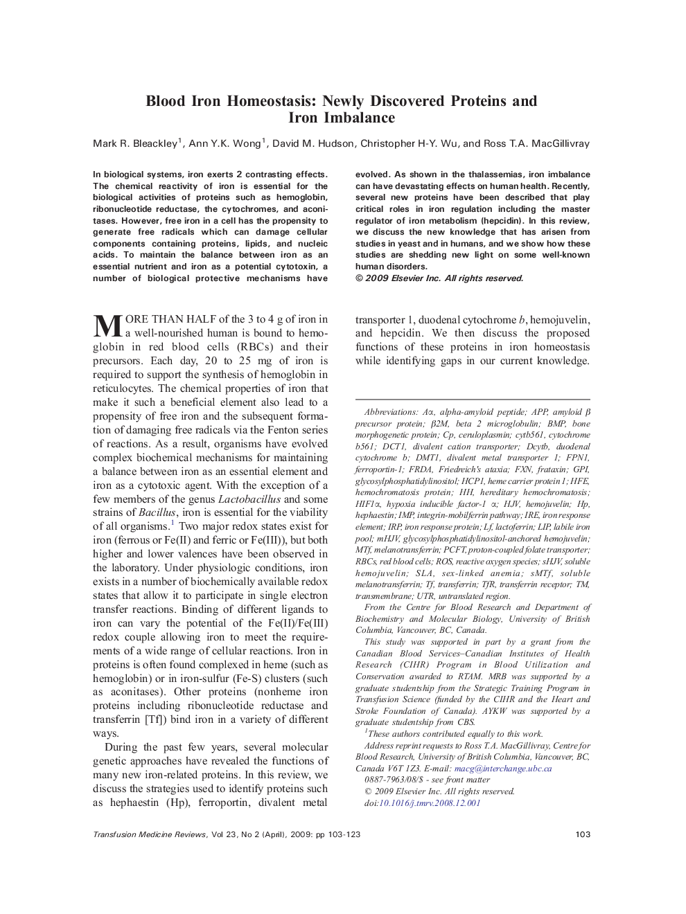 Blood Iron Homeostasis: Newly Discovered Proteins and Iron Imbalance 