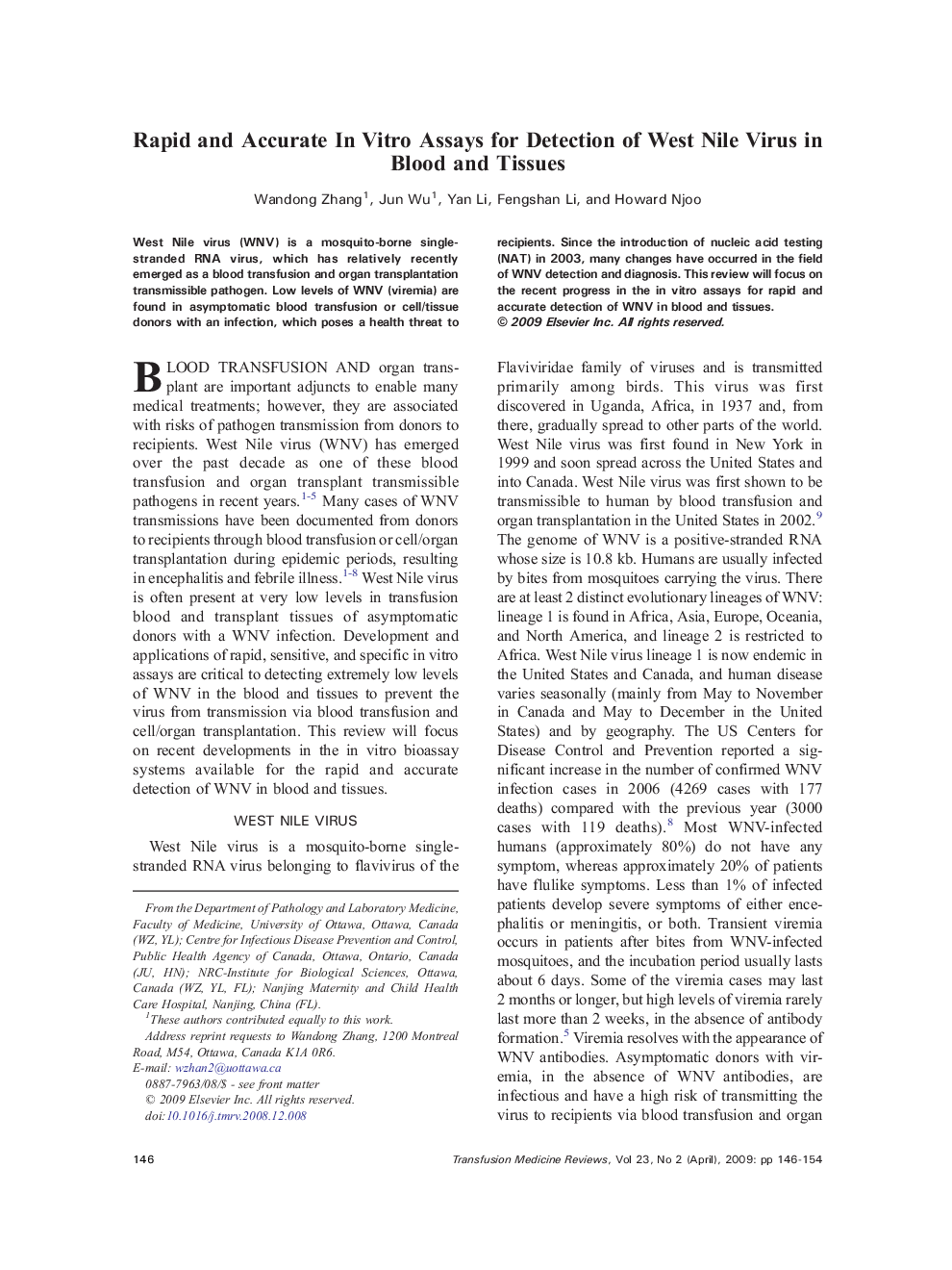 Rapid and Accurate In Vitro Assays for Detection of West Nile Virus in Blood and Tissues