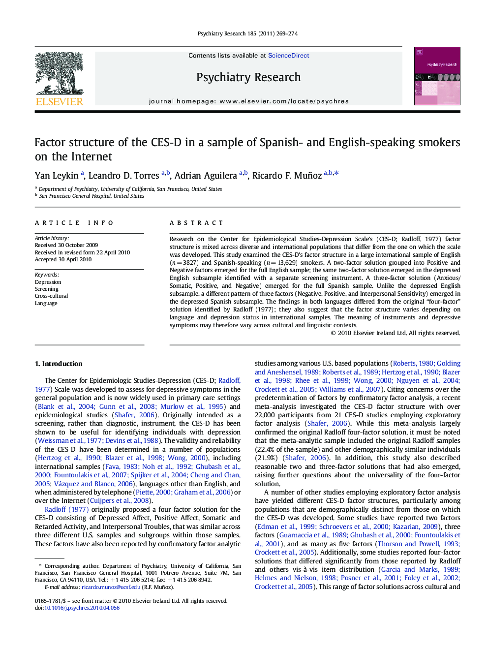 Factor structure of the CES-D in a sample of Spanish- and English-speaking smokers on the Internet