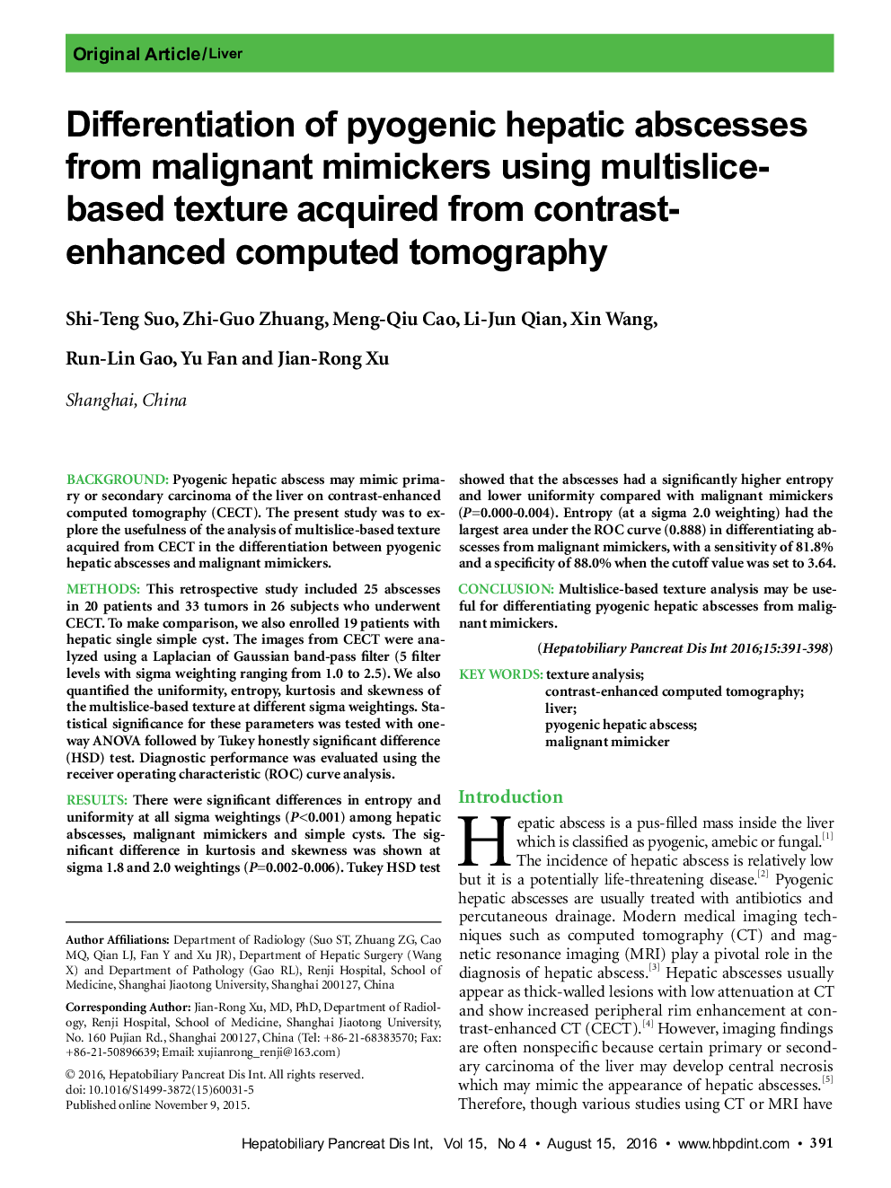 تمایز آبسه کبدی پیوژنیک از mimickers بدخیم با استفاده از بافت مبتنی بر چندقطعه به دست آمده از توموگرافی کامپیوتری با کنتراست افزایشی
