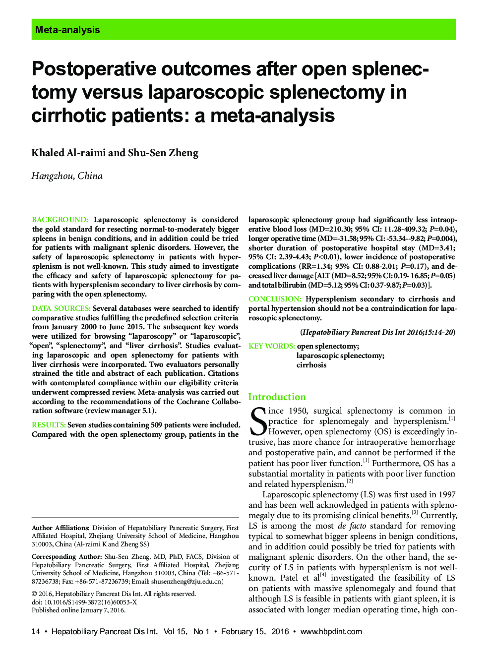 Postoperative outcomes after open splenectomy versus laparoscopic splenectomy in cirrhotic patients: a meta-analysis 