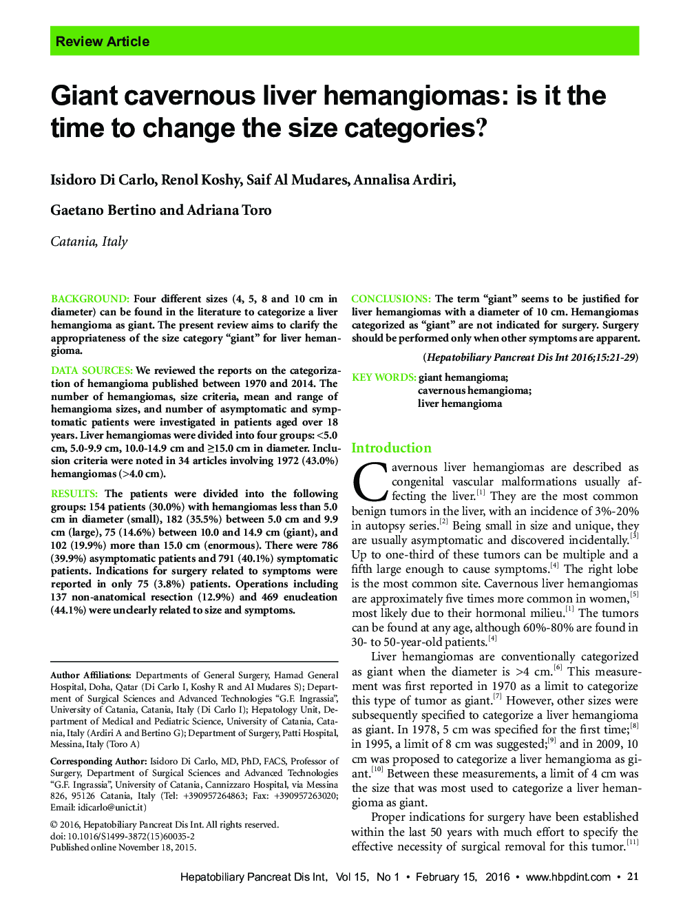 Giant cavernous liver hemangiomas: is it the time to change the size categories? 