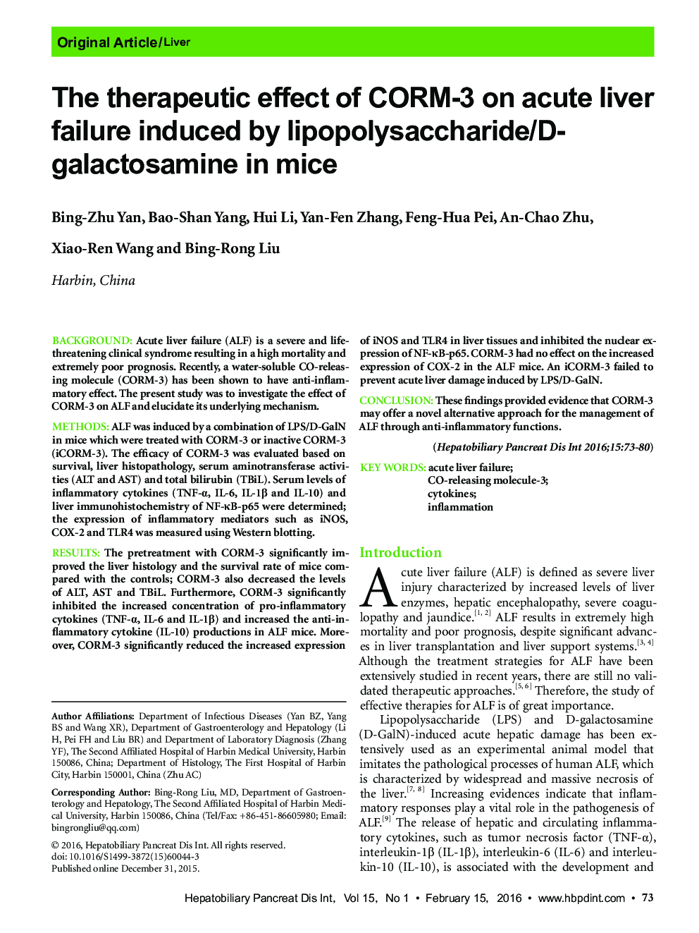 The therapeutic effect of CORM-3 on acute liver failure induced by lipopolysaccharide/D-galactosamine in mice 