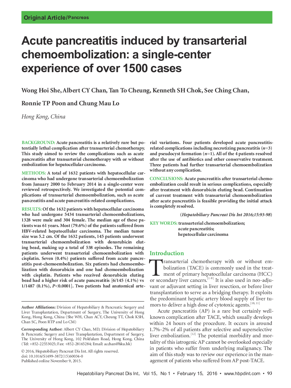 Acute pancreatitis induced by transarterial chemoembolization: a single-center experience of over 1500 cases 