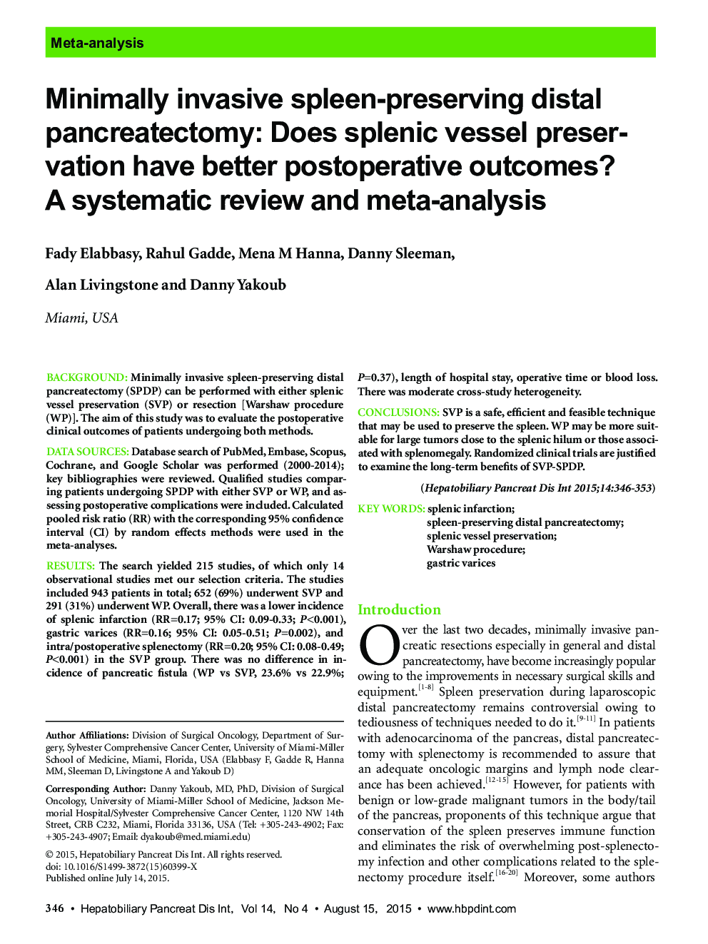 Minimally invasive spleen-preserving distal pancreatectomy: Does splenic vessel preservation have better postoperative outcomes? A systematic review and meta-analysis 