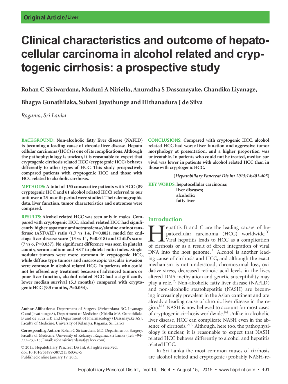 Clinical characteristics and outcome of hepatocellular carcinoma in alcohol related and cryptogenic cirrhosis: a prospective study 