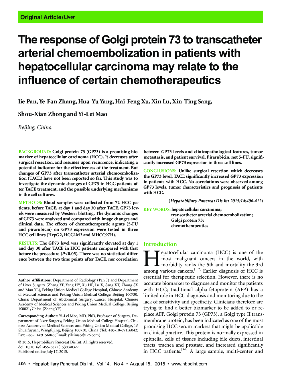 The response of Golgi protein 73 to transcatheter arterial chemoembolization in patients with hepatocellular carcinoma may relate to the influence of certain chemotherapeutics 