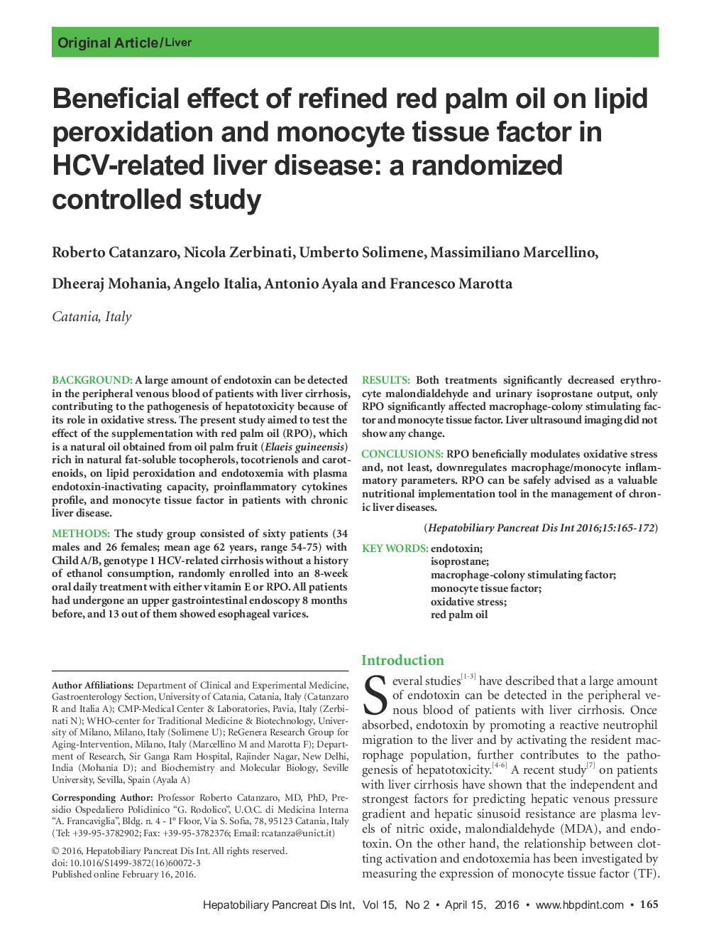 Beneficial effect of refined red palm oil on lipid peroxidation and monocyte tissue factor in HCV-related liver disease: a randomizer controller study 