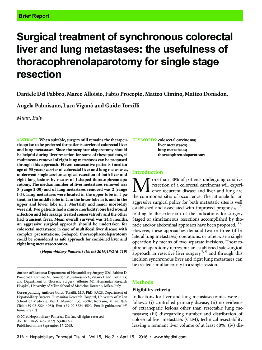 Surgical treatment of synchronous colorectal liver and lung metastases: the usefulness of thoracophrenolaparotomy for single stage resection 