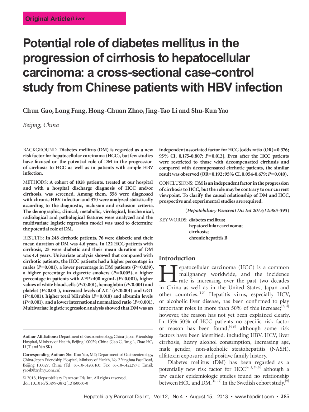 Potential role of diabetes mellitus in the progression of cirrhosis to hepatocellular carcinoma: a cross-sectional case-control study from Chinese patients with HBV infection