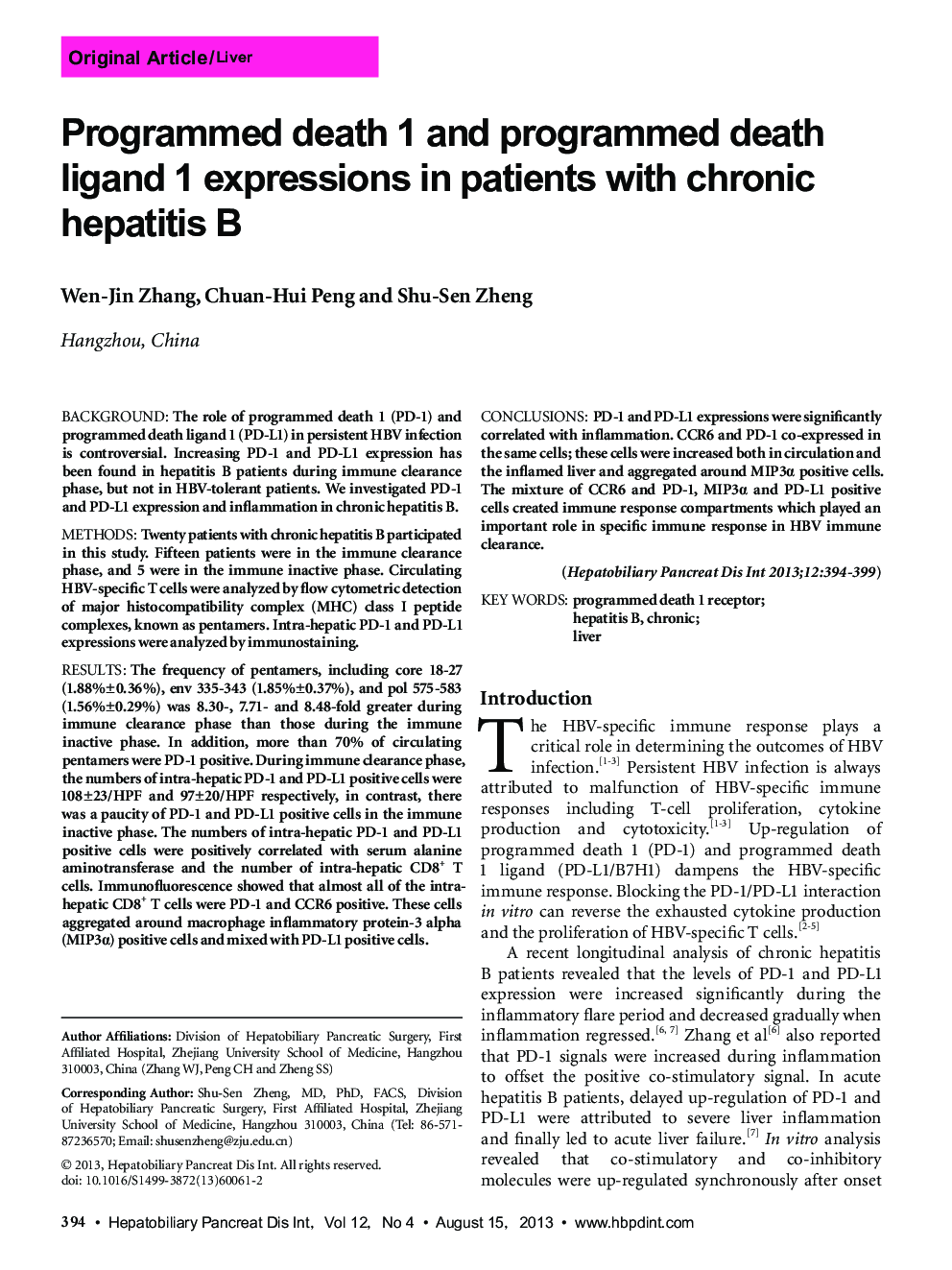 Programmed death 1 and programmed death ligand 1 expressions in patients with chronic hepatitis B