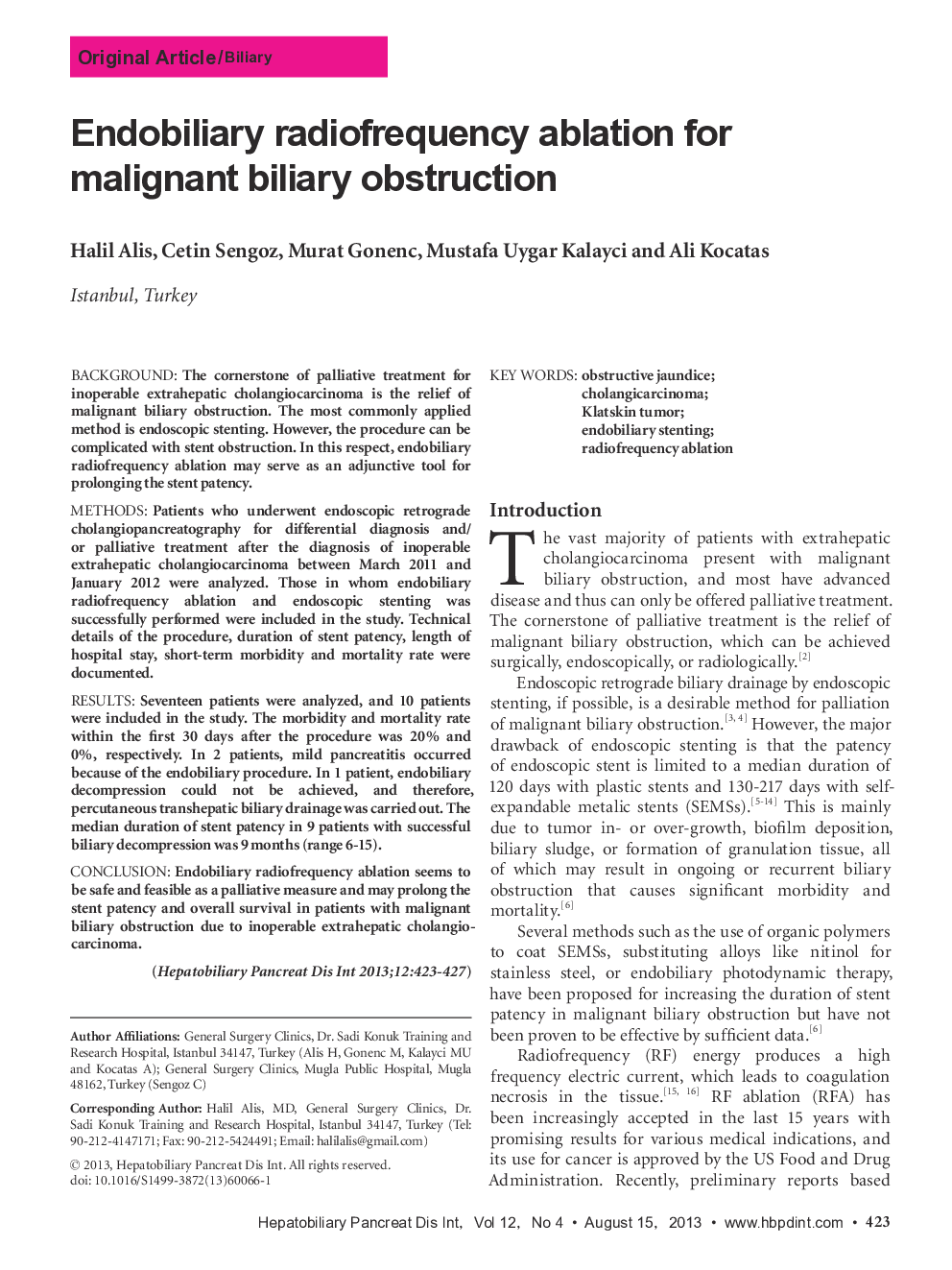 Endobiliary radiofrequency ablation for malignant biliary obstruction