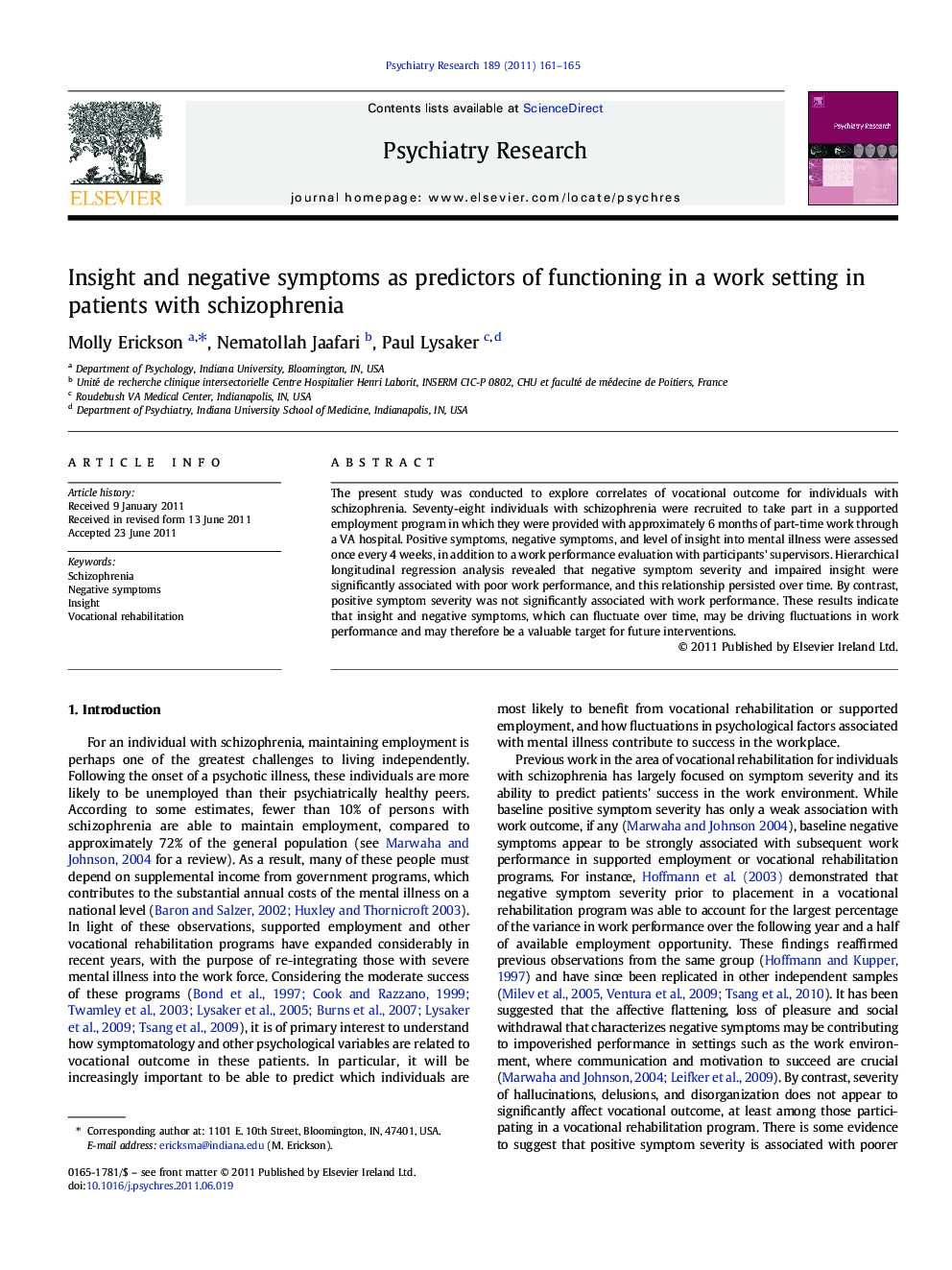 Insight and negative symptoms as predictors of functioning in a work setting in patients with schizophrenia