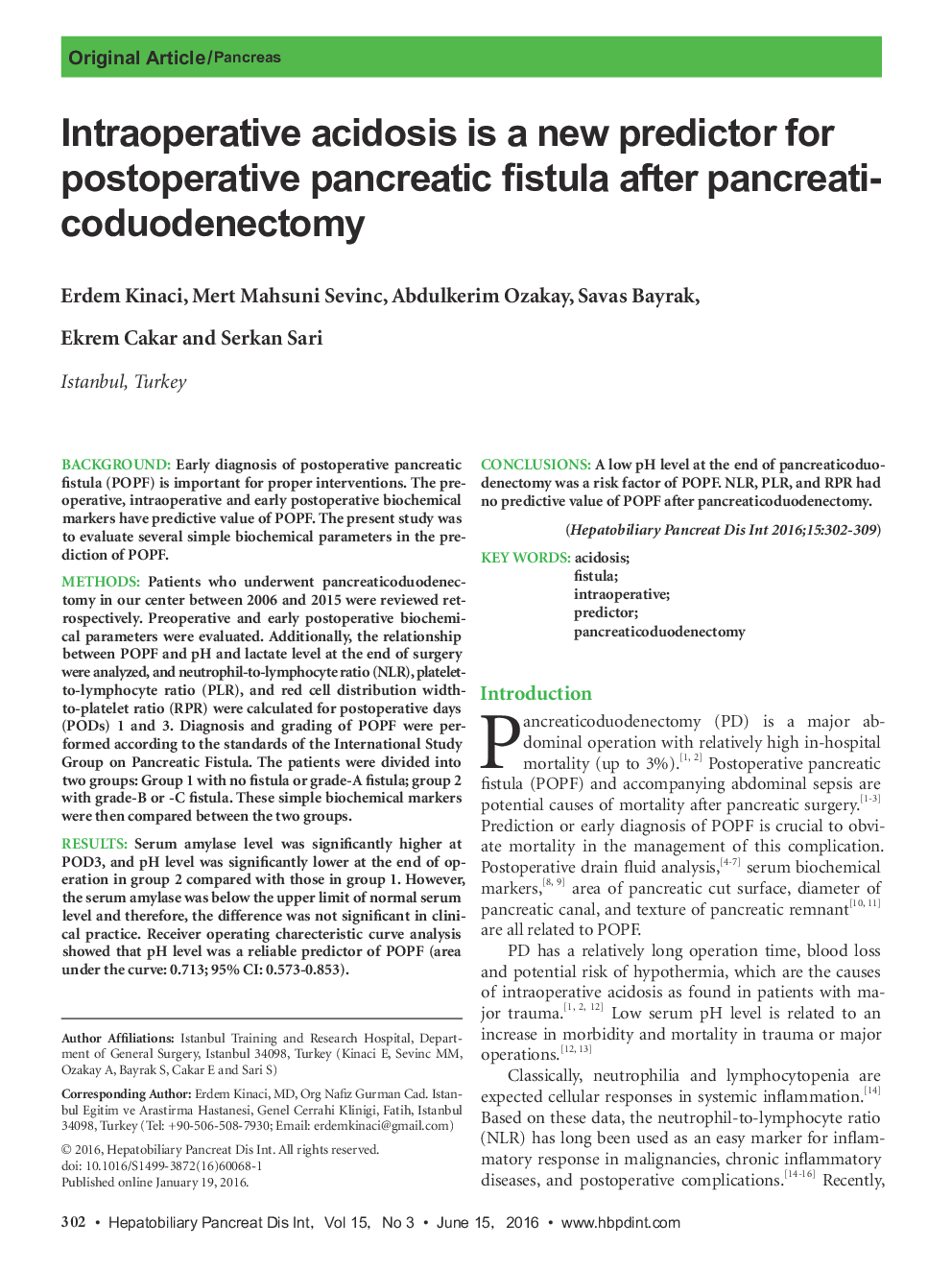 Intraoperative acidosis is a new predictor for postoperative pancreatic fistula after pancreaticoduodenectomy