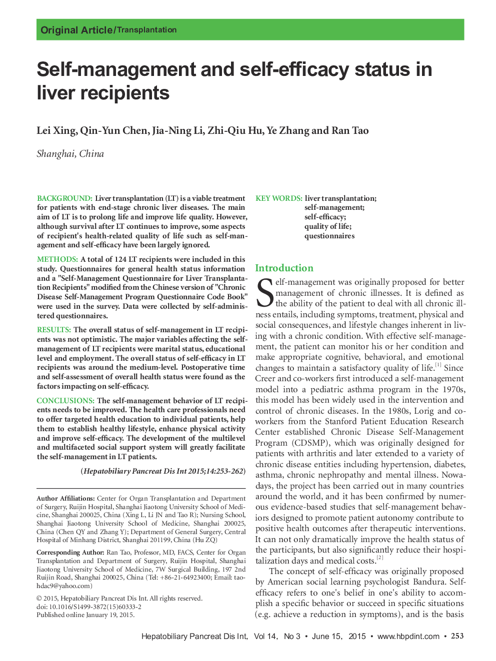 Self-management and self-efficacy status in liver recipients 