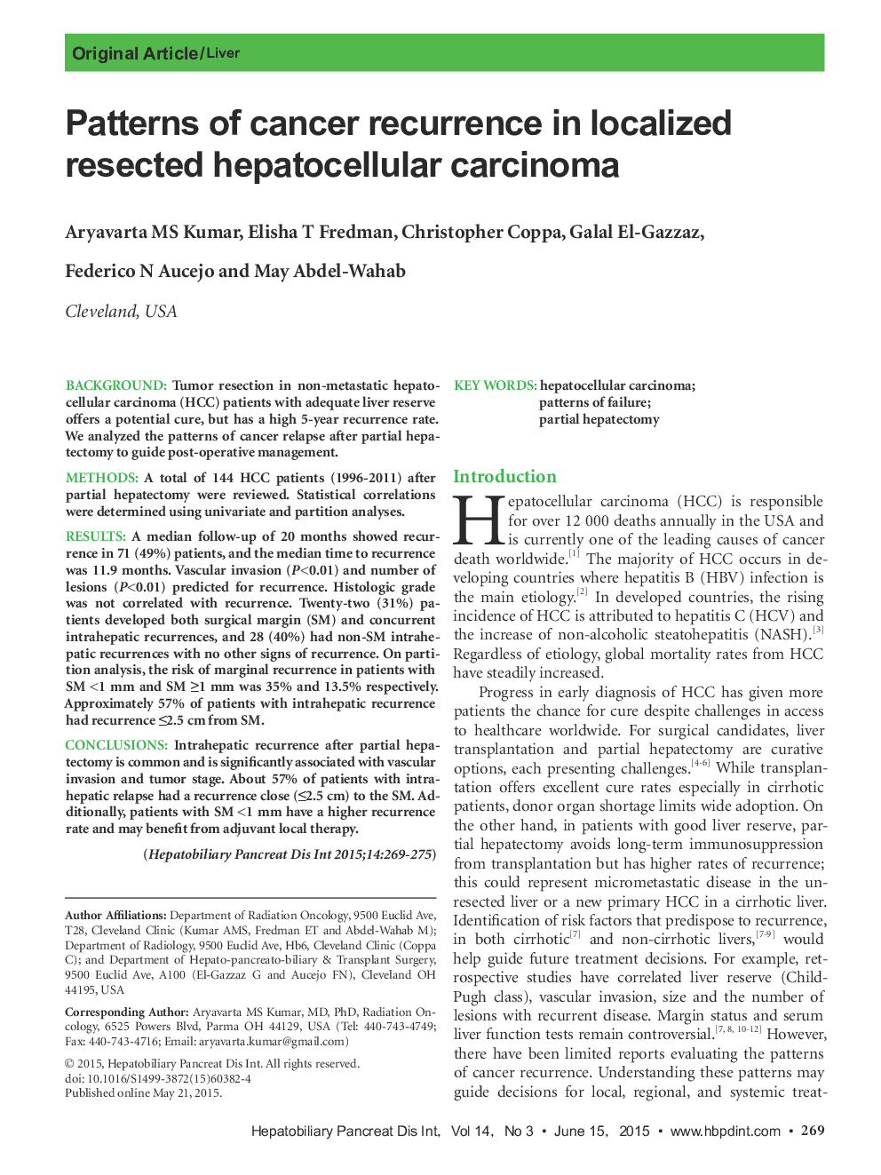 Patterns of cancer recurrence in localized resected hepatocellular carcinoma 