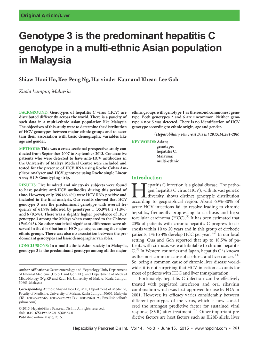 Genotype 3 is the predominant hepatitis C genotype in a multi-ethnic Asian population in Malaysia 